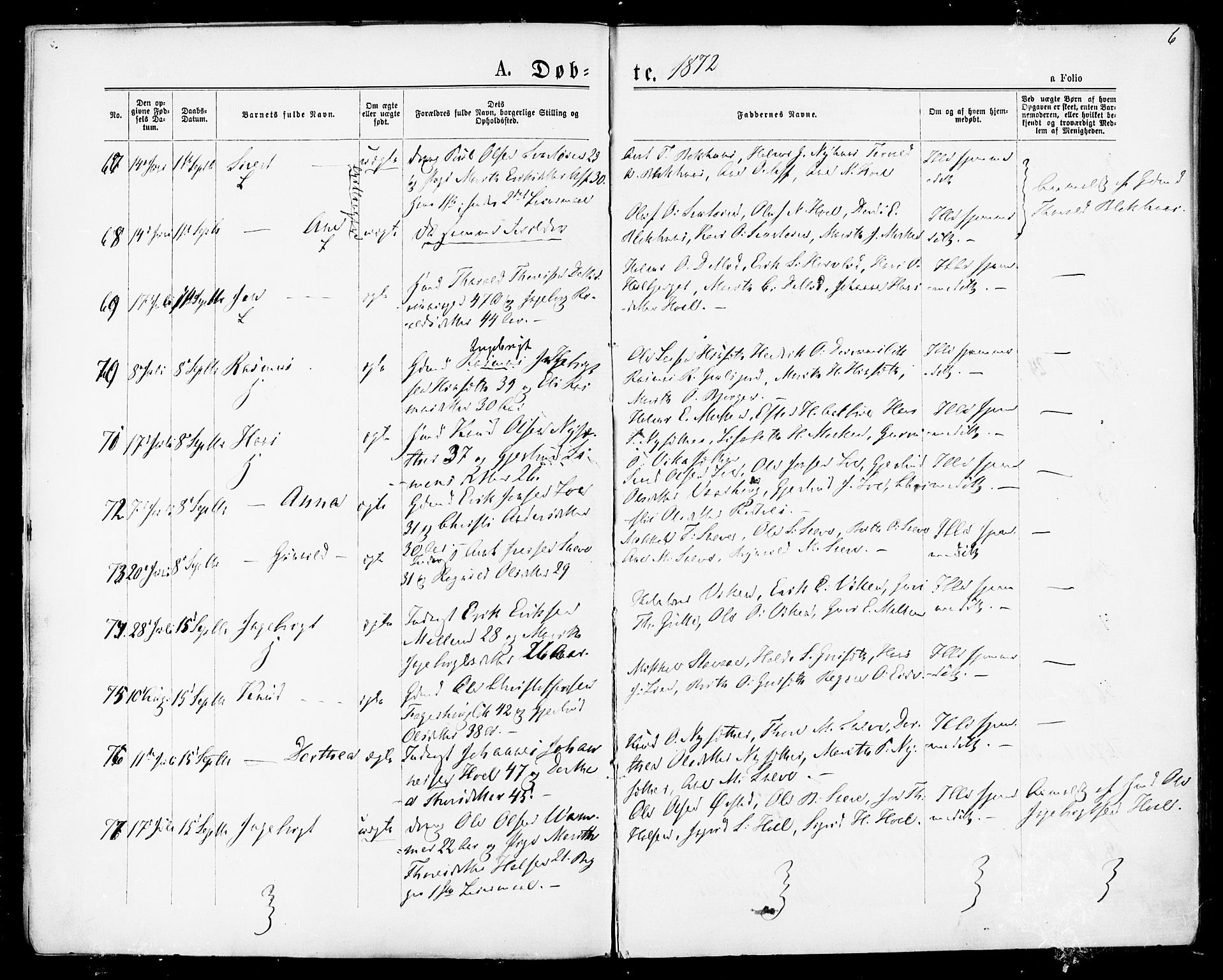 Ministerialprotokoller, klokkerbøker og fødselsregistre - Sør-Trøndelag, AV/SAT-A-1456/678/L0900: Ministerialbok nr. 678A09, 1872-1881, s. 6