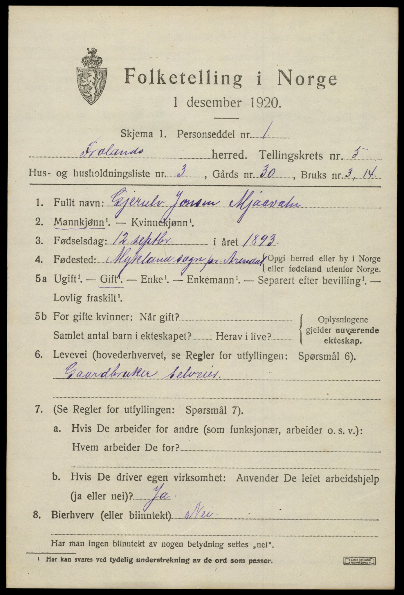 SAK, Folketelling 1920 for 0919 Froland herred, 1920, s. 3653