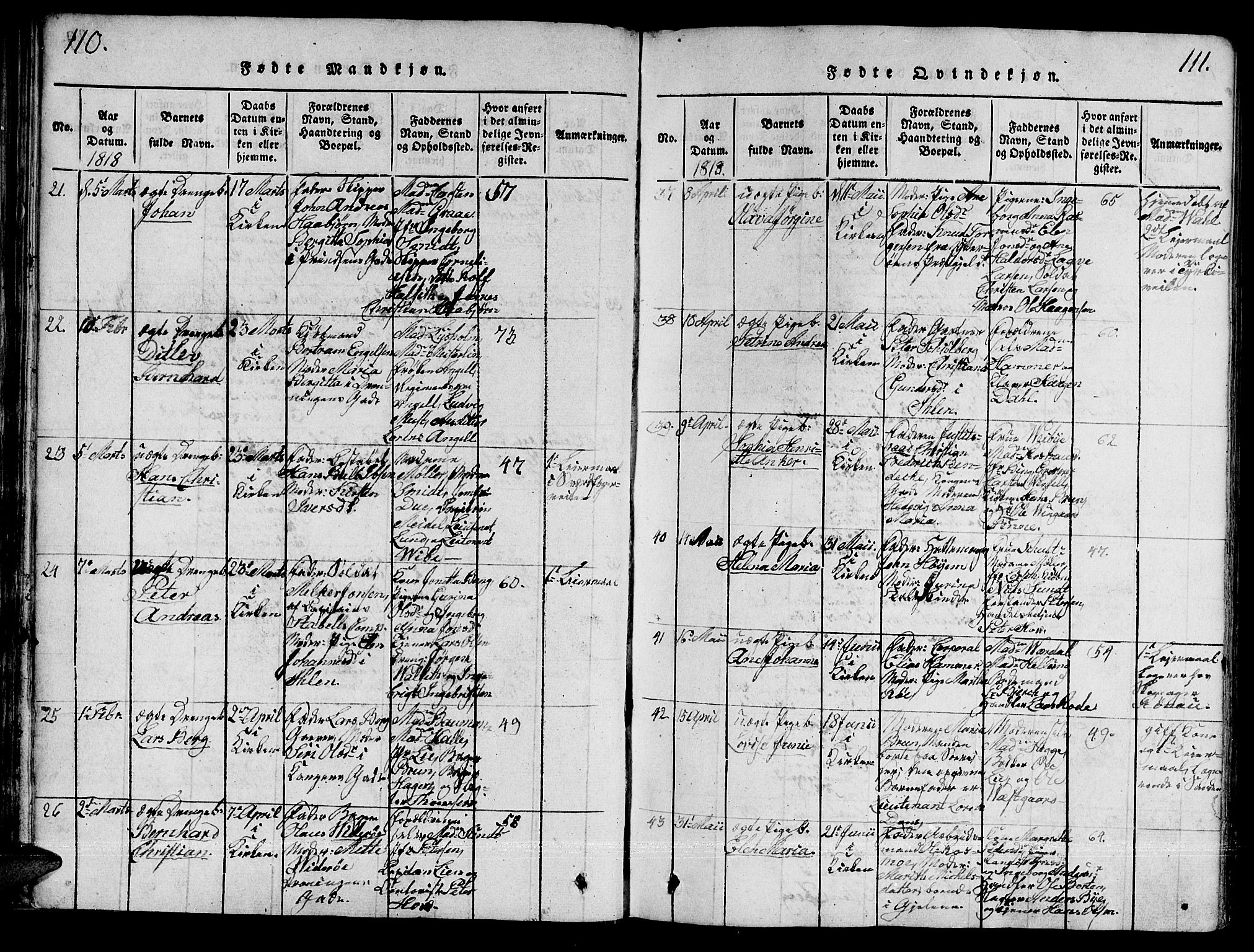 Ministerialprotokoller, klokkerbøker og fødselsregistre - Sør-Trøndelag, SAT/A-1456/601/L0043: Ministerialbok nr. 601A11, 1815-1821, s. 110-111