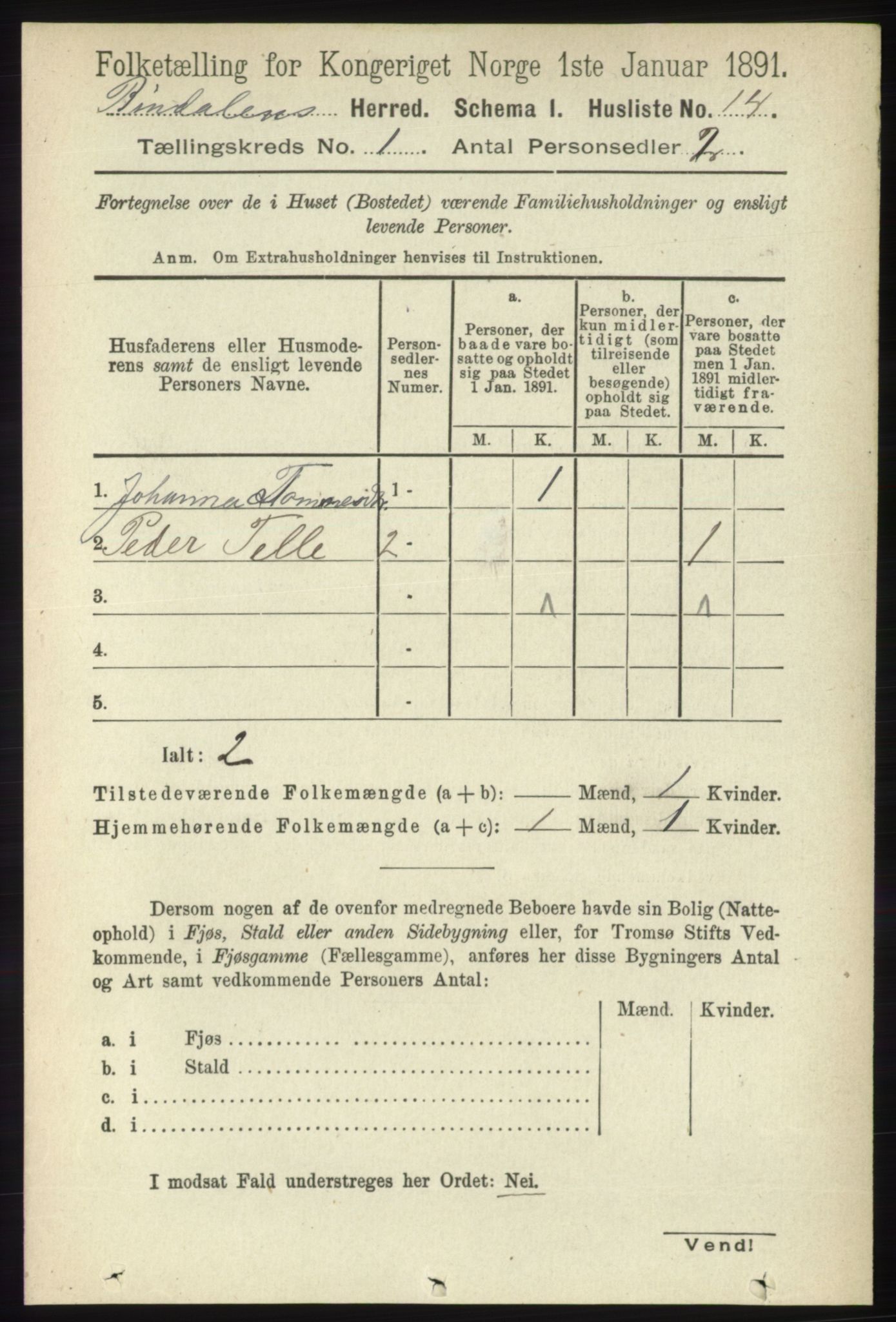 RA, Folketelling 1891 for 1811 Bindal herred, 1891, s. 40