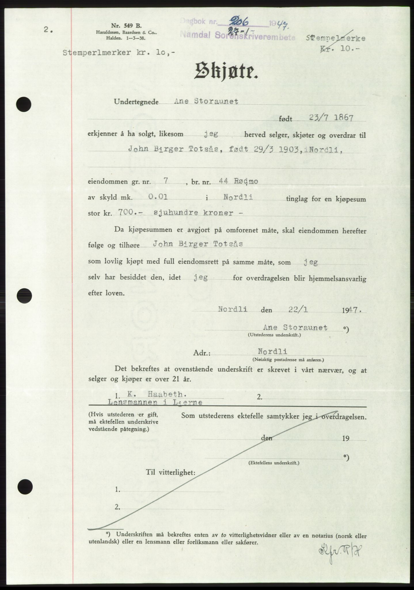 Namdal sorenskriveri, SAT/A-4133/1/2/2C: Pantebok nr. -, 1946-1947, Dagboknr: 206/1947