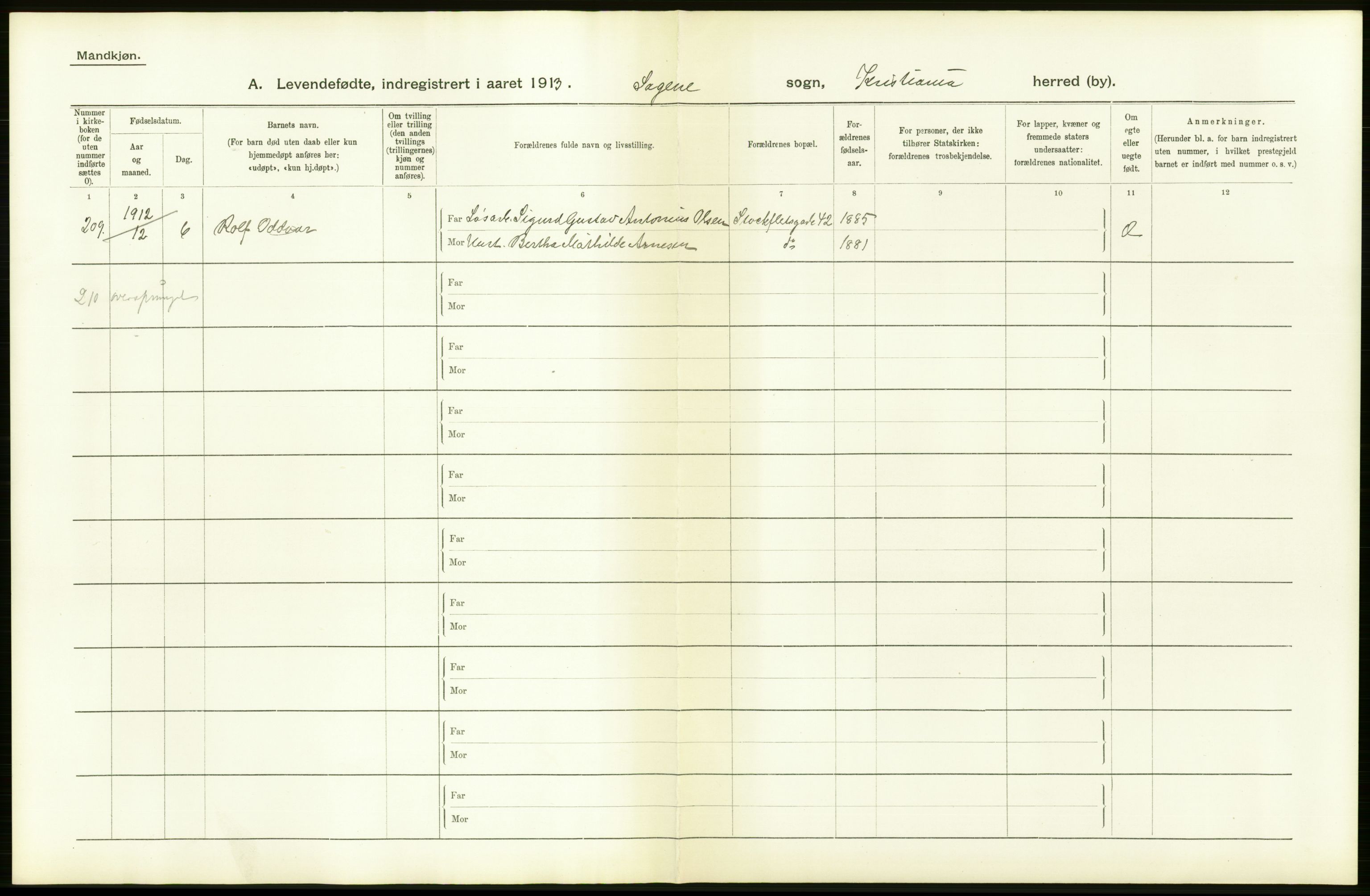 Statistisk sentralbyrå, Sosiodemografiske emner, Befolkning, AV/RA-S-2228/D/Df/Dfb/Dfbc/L0006: Kristiania: Levendefødte menn og kvinner., 1913, s. 16