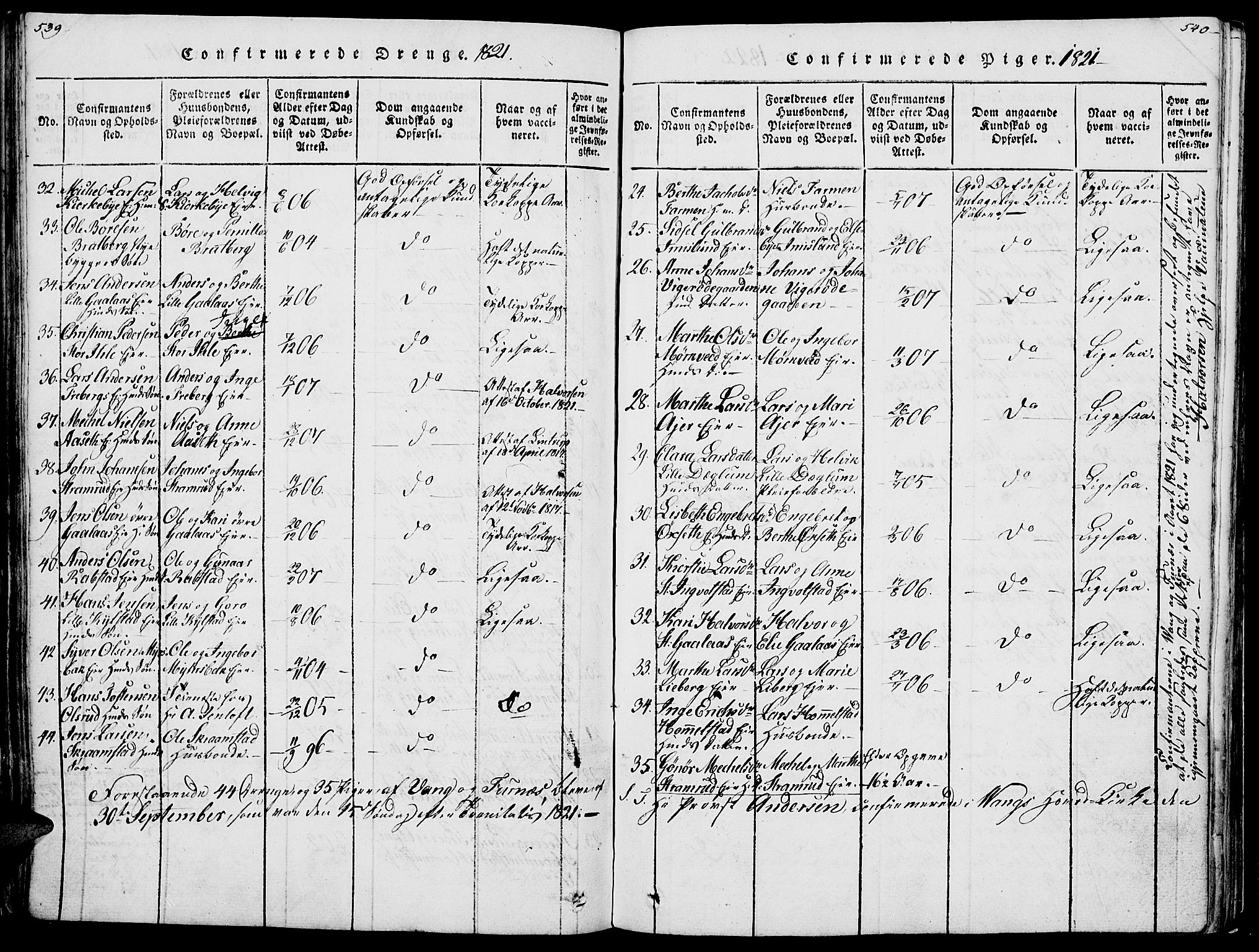Vang prestekontor, Hedmark, SAH/PREST-008/H/Ha/Haa/L0007: Ministerialbok nr. 7, 1813-1826, s. 539-540