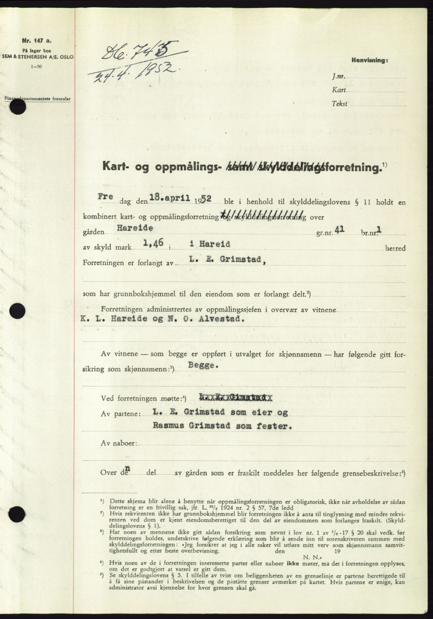 Søre Sunnmøre sorenskriveri, AV/SAT-A-4122/1/2/2C/L0092: Pantebok nr. 18A, 1952-1952, Dagboknr: 745/1952