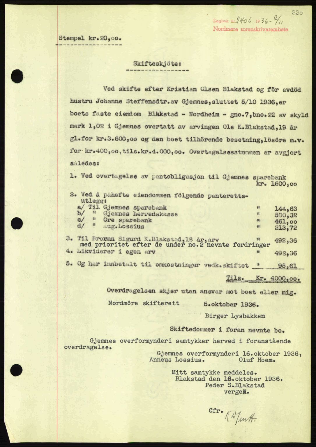 Nordmøre sorenskriveri, SAT/A-4132/1/2/2Ca: Pantebok nr. A80, 1936-1937, Dagboknr: 2406/1936
