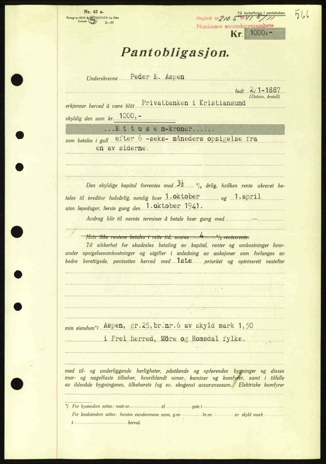 Nordmøre sorenskriveri, SAT/A-4132/1/2/2Ca: Pantebok nr. B88, 1941-1942, Dagboknr: 2105/1941