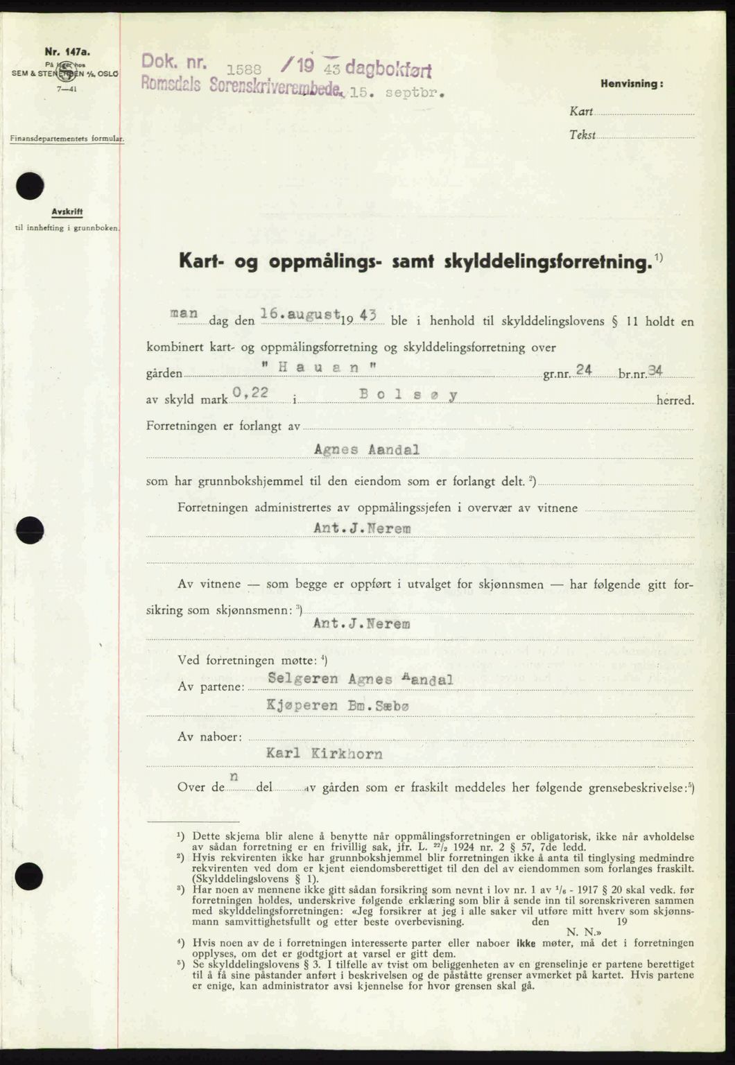 Romsdal sorenskriveri, SAT/A-4149/1/2/2C: Pantebok nr. A14, 1943-1943, Dagboknr: 1588/1943