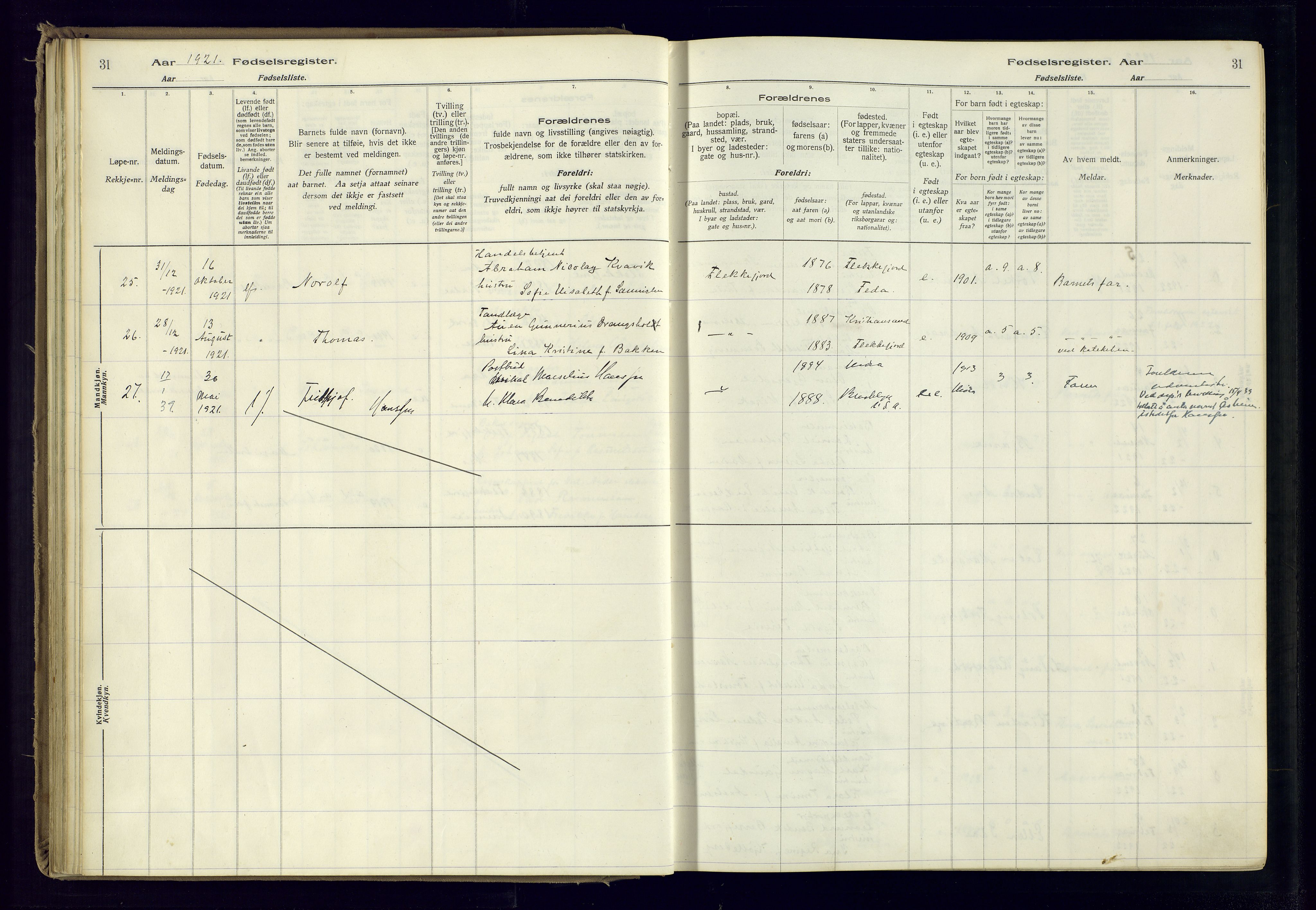 Flekkefjord sokneprestkontor, AV/SAK-1111-0012/J/Ja/L0001: Fødselsregister nr. 1, 1916-1948, s. 31