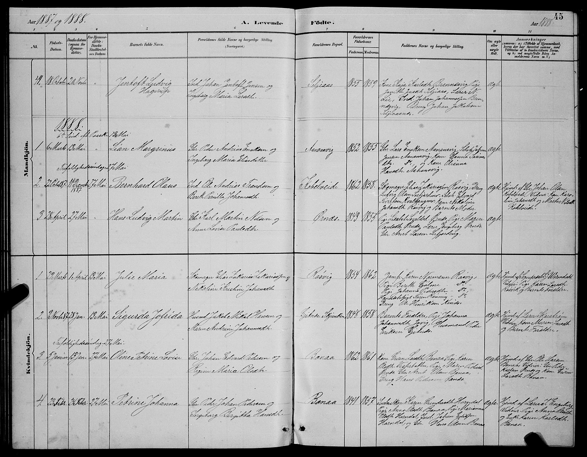 Ministerialprotokoller, klokkerbøker og fødselsregistre - Nordland, SAT/A-1459/854/L0785: Klokkerbok nr. 854C01, 1883-1891, s. 45