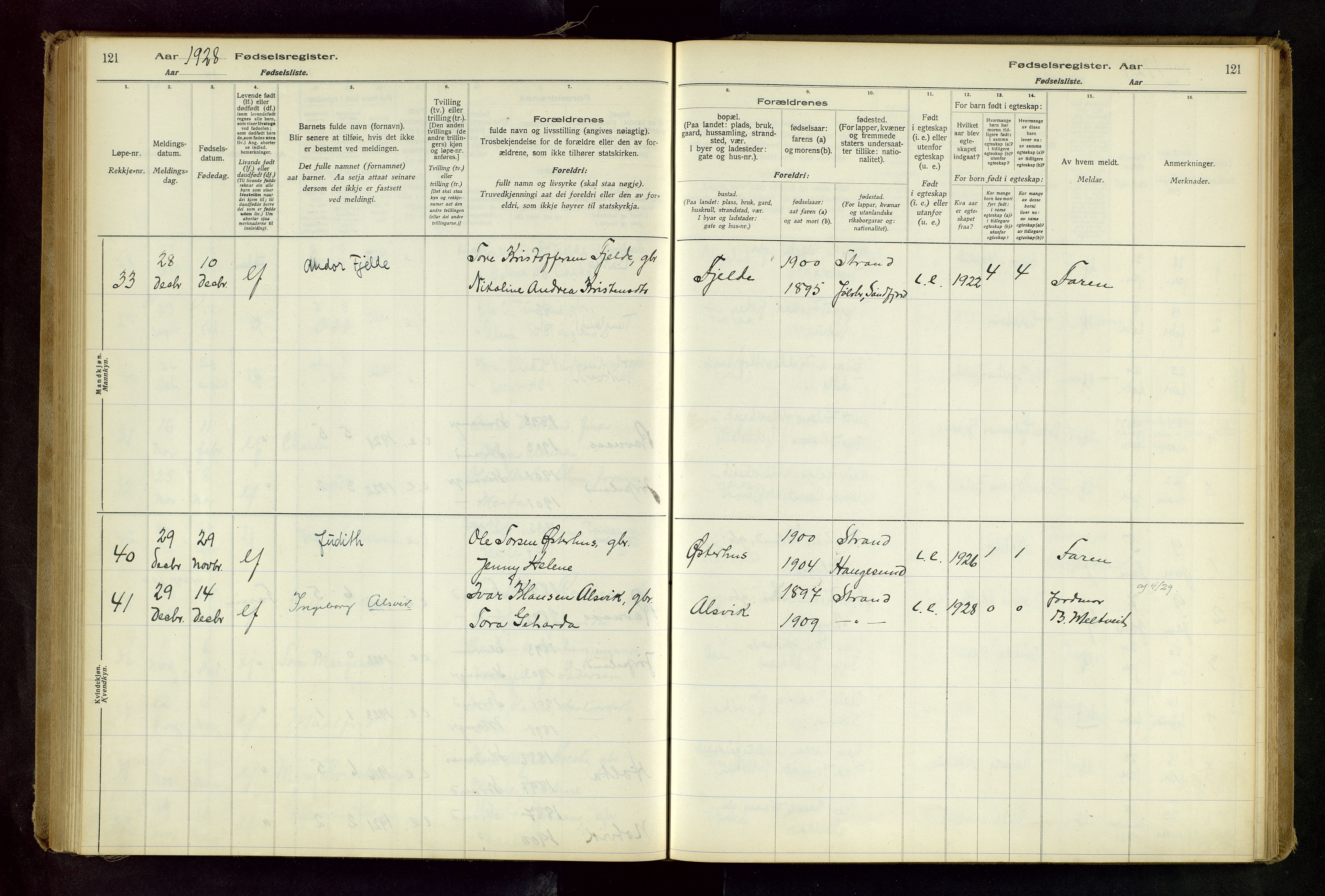 Strand sokneprestkontor, SAST/A-101828/I/Id/L0001: Fødselsregister nr. 1, 1916-1938, s. 121