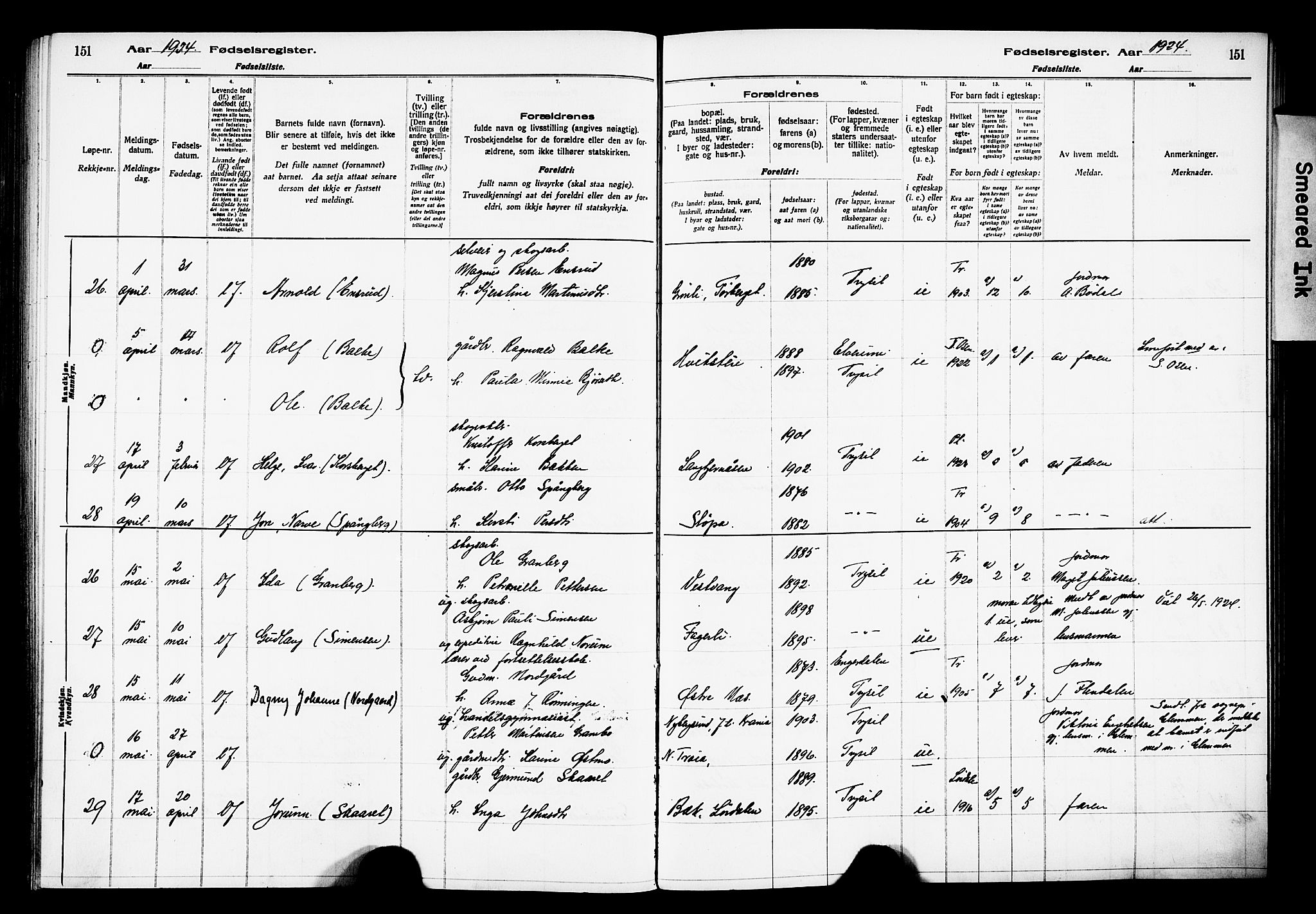 Trysil prestekontor, AV/SAH-PREST-046/I/Id/Ida/L0001: Fødselsregister nr. I 1, 1916-1927, s. 151