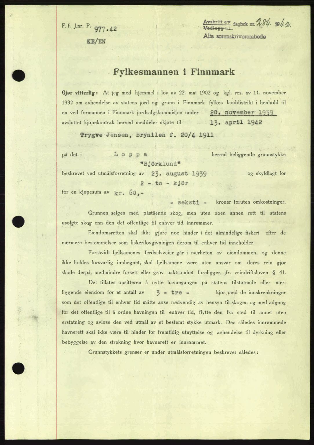 Alta fogderi/sorenskriveri, SATØ/SATØ-5/1/K/Kd/L0033pantebok: Pantebok nr. 33, 1940-1943, Dagboknr: 284/1942