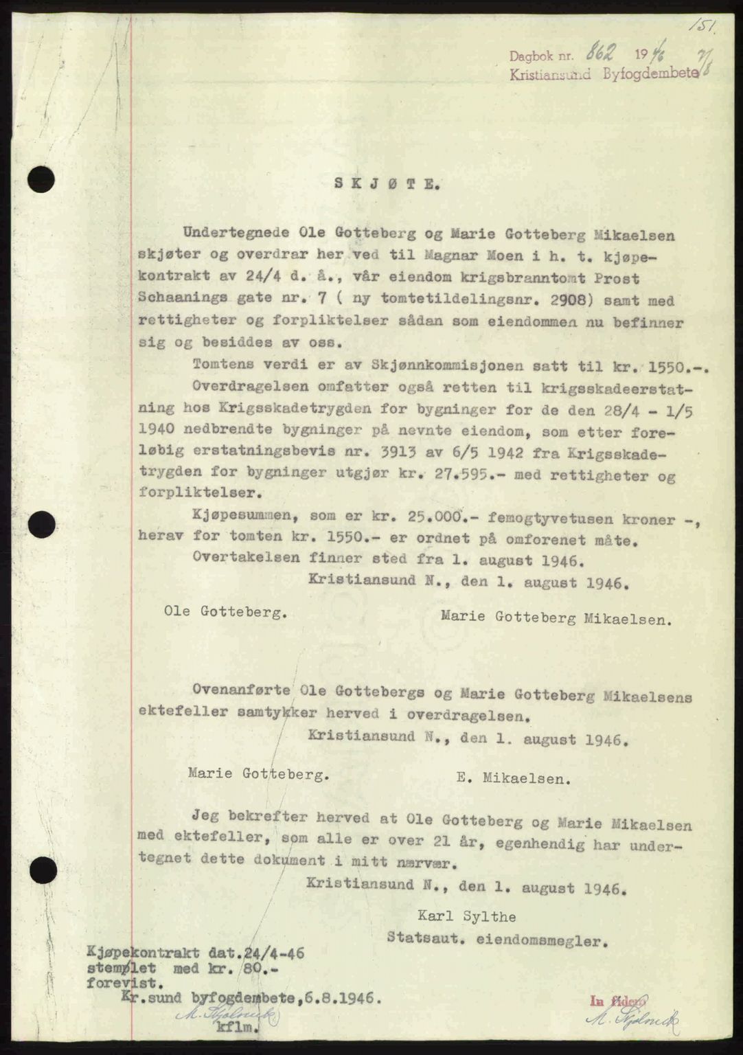 Kristiansund byfogd, AV/SAT-A-4587/A/27: Pantebok nr. 39b, 1946-1947, Dagboknr: 862/1946