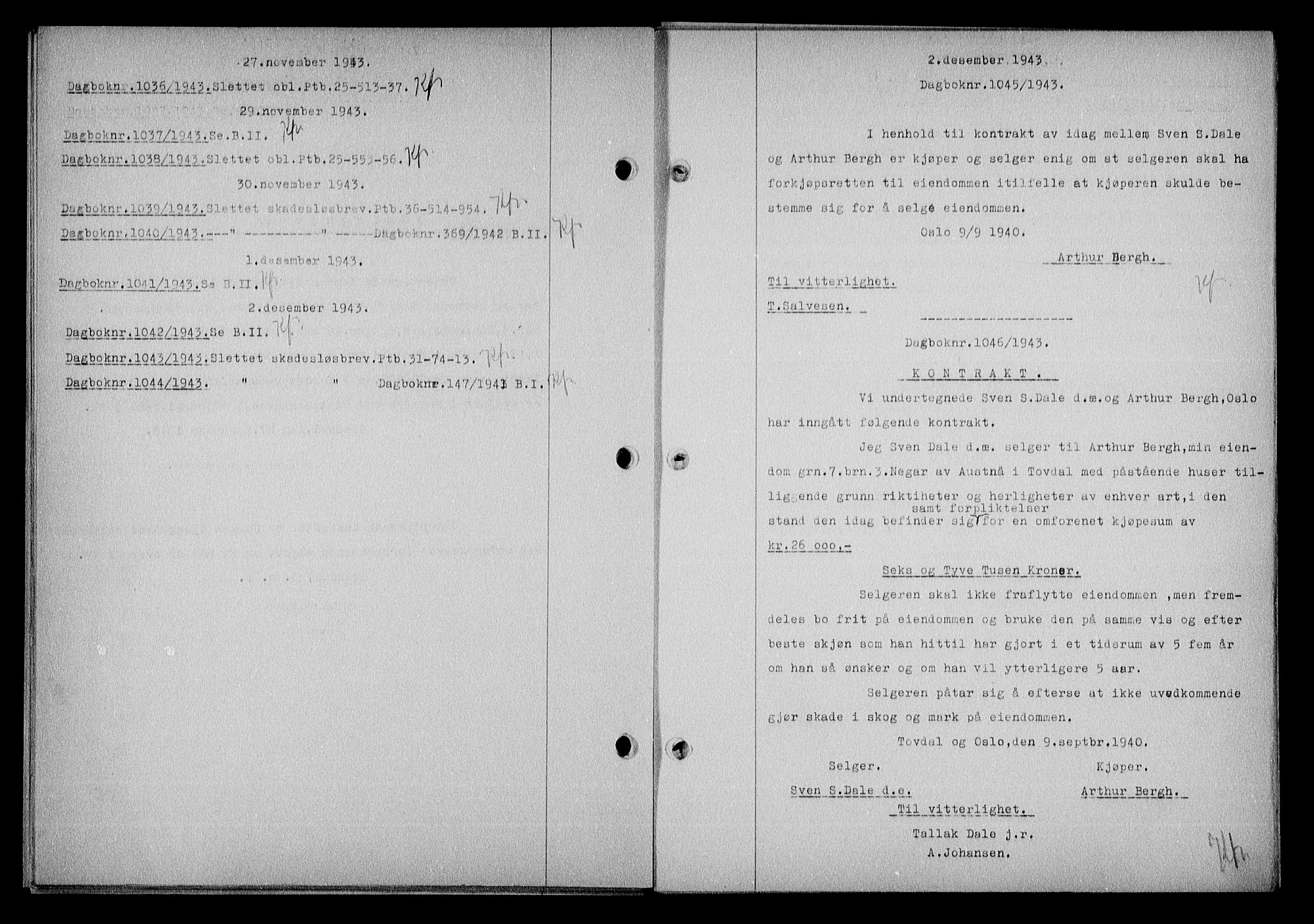 Nedenes sorenskriveri, AV/SAK-1221-0006/G/Gb/Gba/L0051: Pantebok nr. A-V, 1943-1944, Dagboknr: 1045/1943