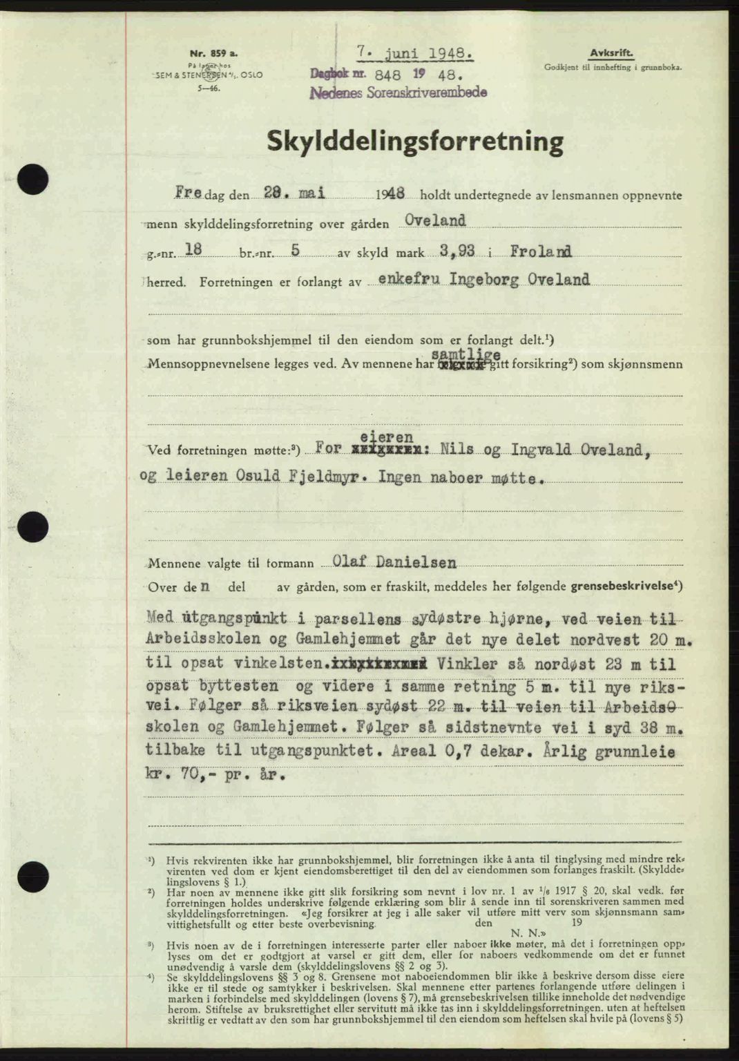 Nedenes sorenskriveri, AV/SAK-1221-0006/G/Gb/Gba/L0059: Pantebok nr. A11, 1948-1948, Dagboknr: 848/1948