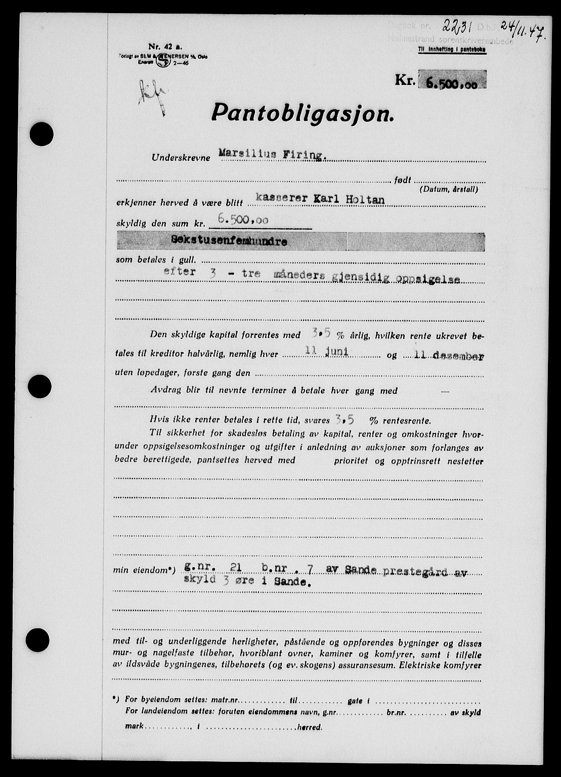 Holmestrand sorenskriveri, SAKO/A-67/G/Ga/Gab/L0058: Pantebok nr. B-58, 1947-1948, Dagboknr: 2231/1947