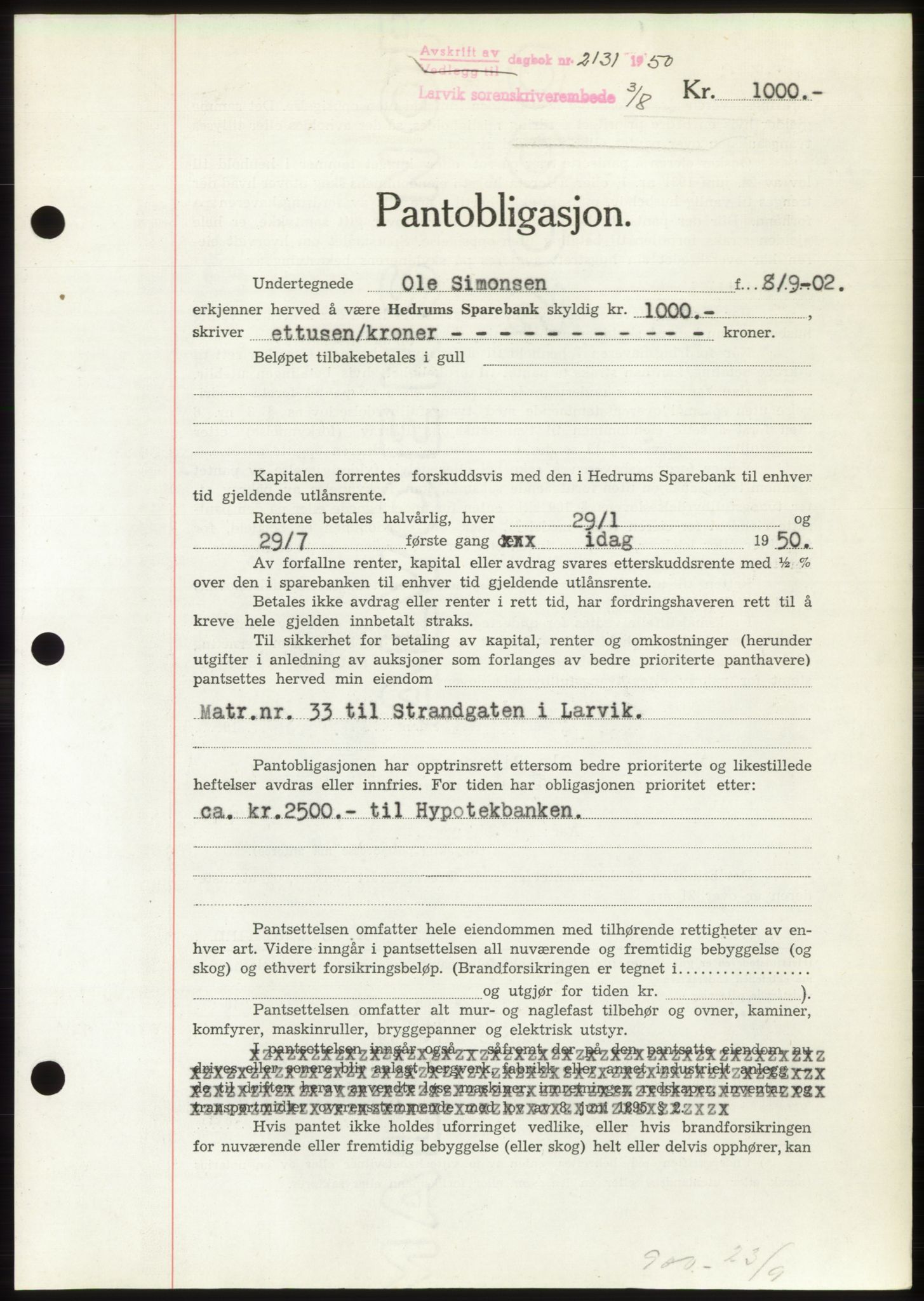 Larvik sorenskriveri, AV/SAKO-A-83/G/Ga/Gac/L0018: Pantebok nr. B-18, 1950-1950, Dagboknr: 2131/1950