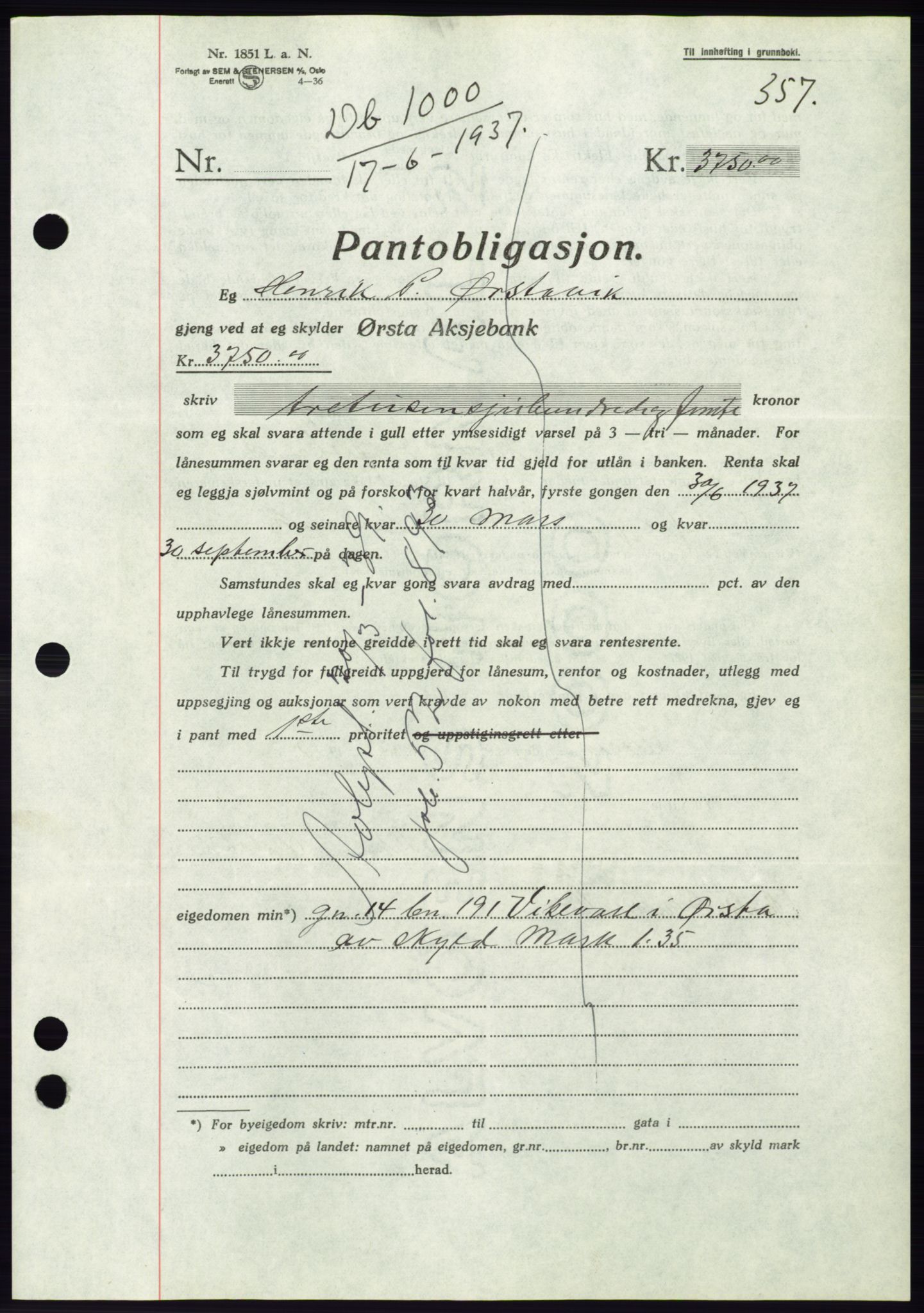 Søre Sunnmøre sorenskriveri, AV/SAT-A-4122/1/2/2C/L0063: Pantebok nr. 57, 1937-1937, Dagboknr: 1000/1937