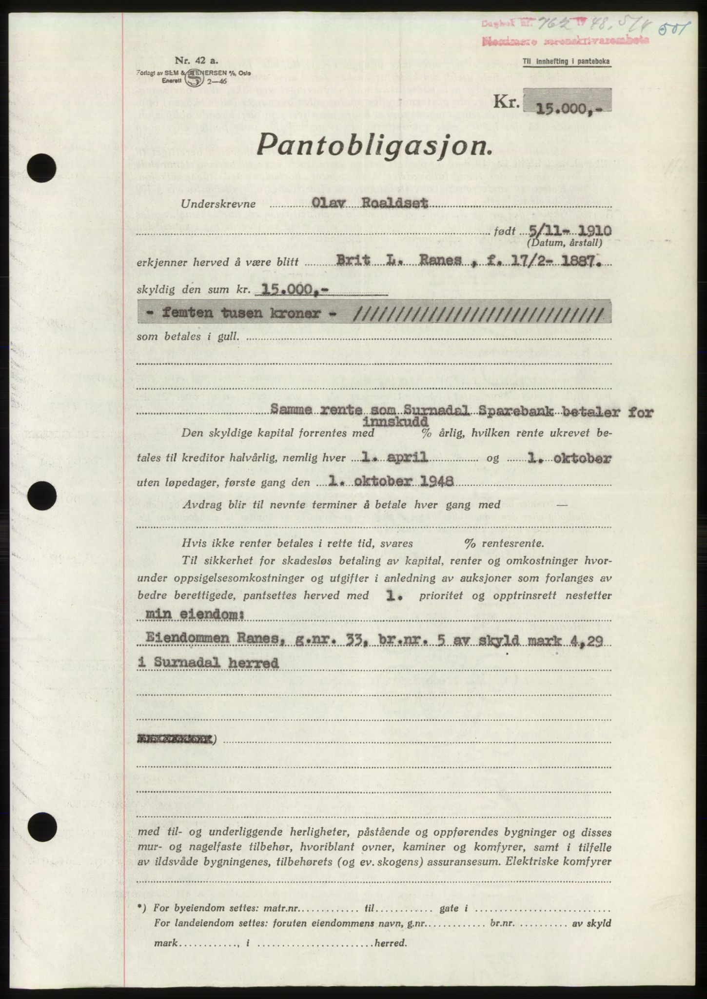 Nordmøre sorenskriveri, SAT/A-4132/1/2/2Ca: Pantebok nr. B98, 1948-1948, Dagboknr: 762/1948