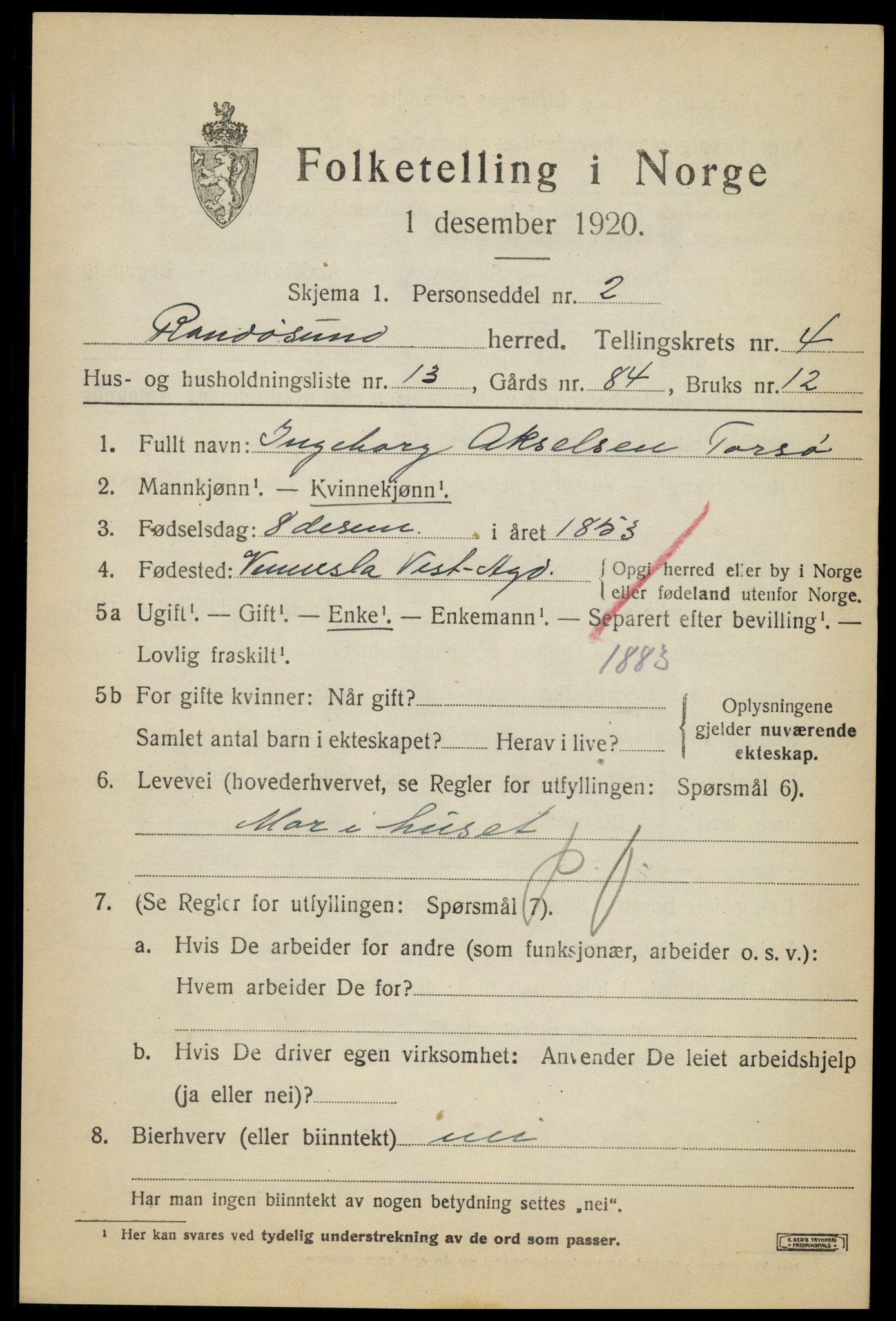 SAK, Folketelling 1920 for 1011 Randesund herred, 1920, s. 1906