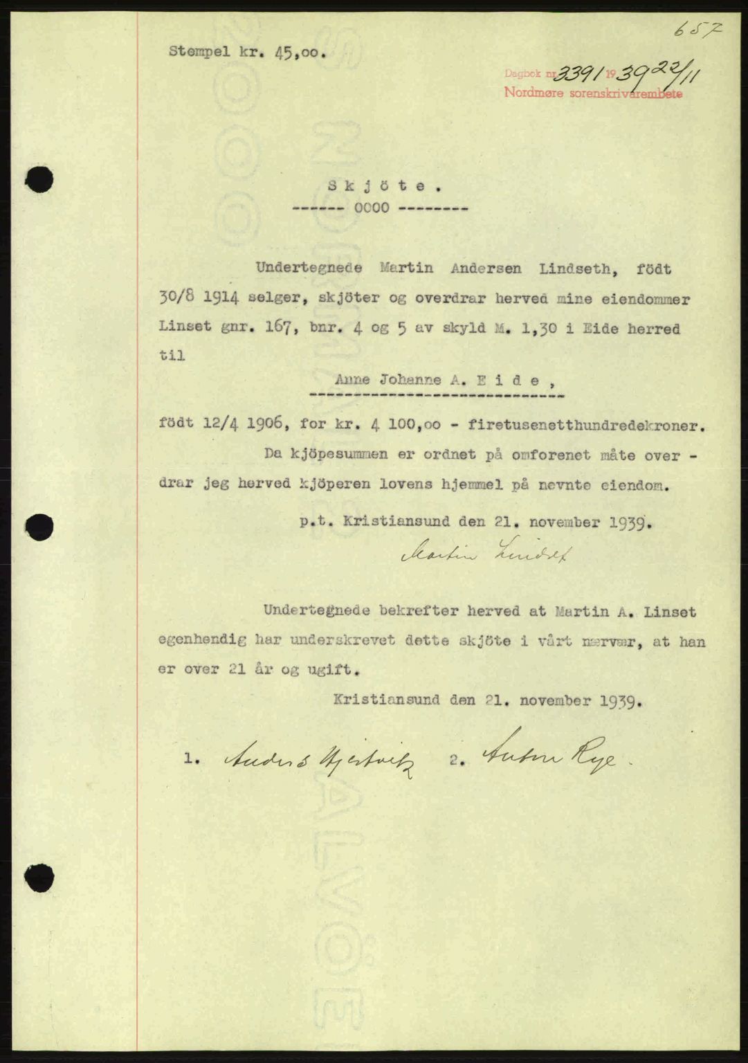 Nordmøre sorenskriveri, SAT/A-4132/1/2/2Ca: Pantebok nr. A87, 1939-1940, Dagboknr: 3391/1939