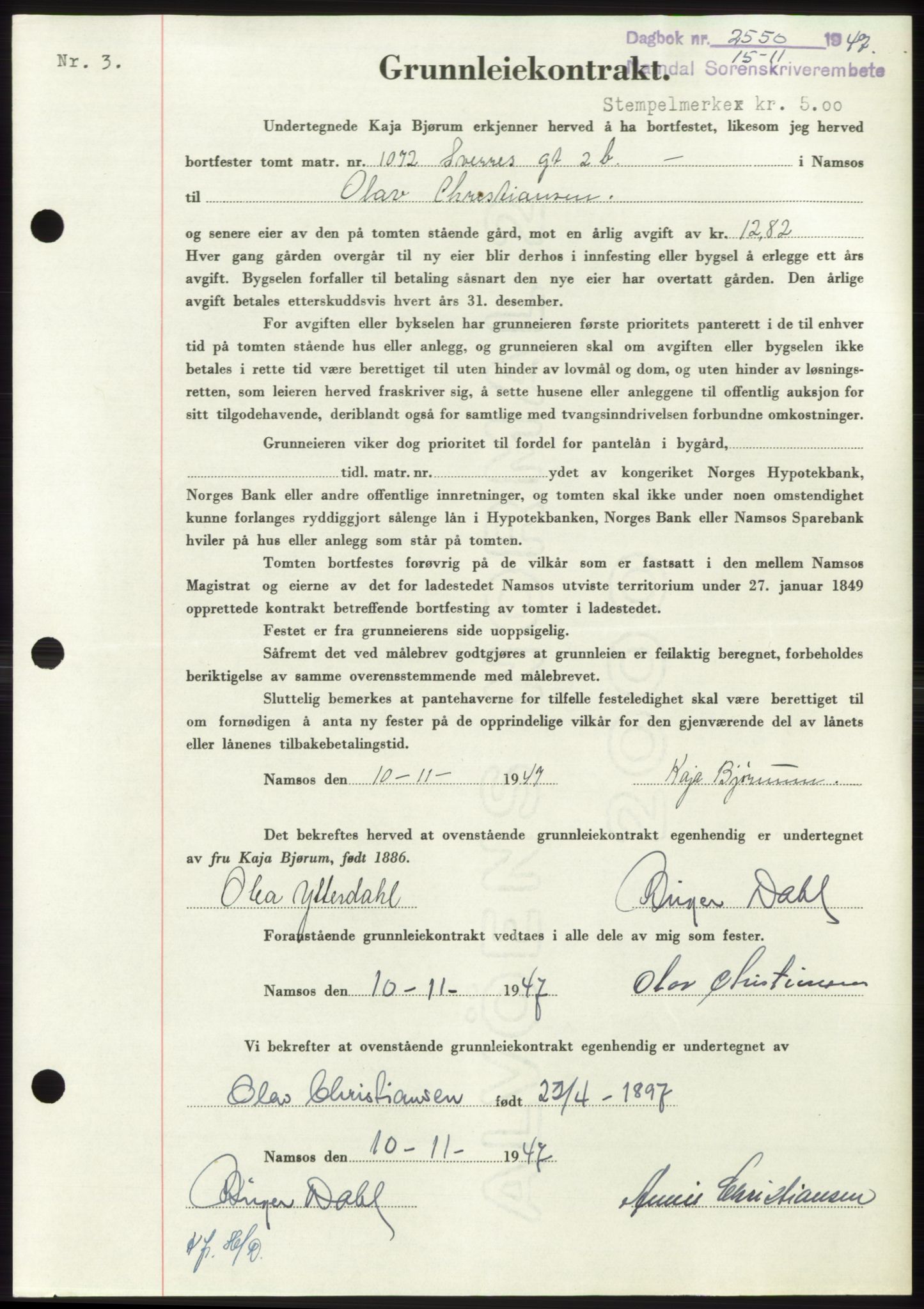 Namdal sorenskriveri, SAT/A-4133/1/2/2C: Pantebok nr. -, 1947-1948, Dagboknr: 2550/1947