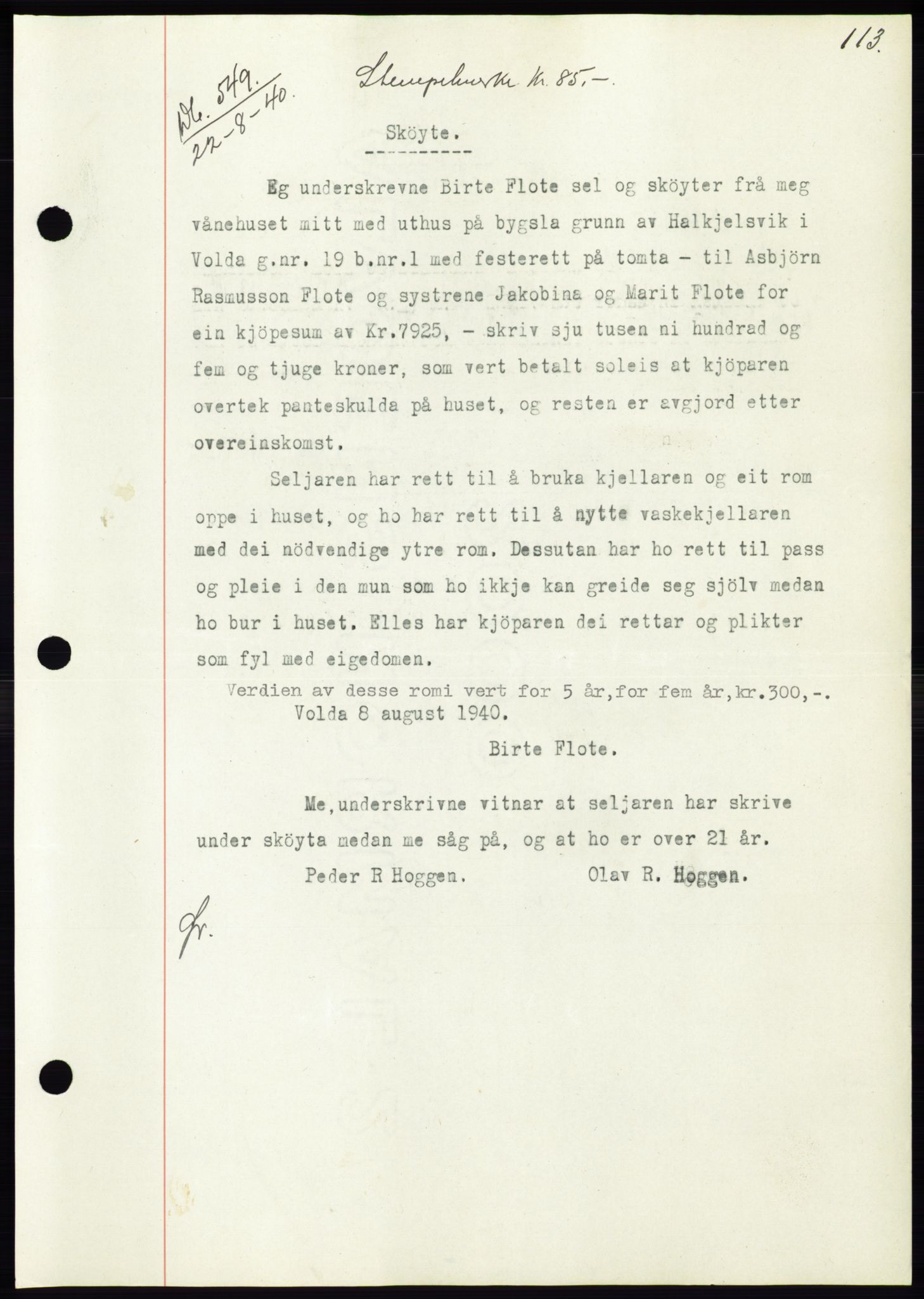 Søre Sunnmøre sorenskriveri, AV/SAT-A-4122/1/2/2C/L0070: Pantebok nr. 64, 1940-1941, Dagboknr: 549/1940
