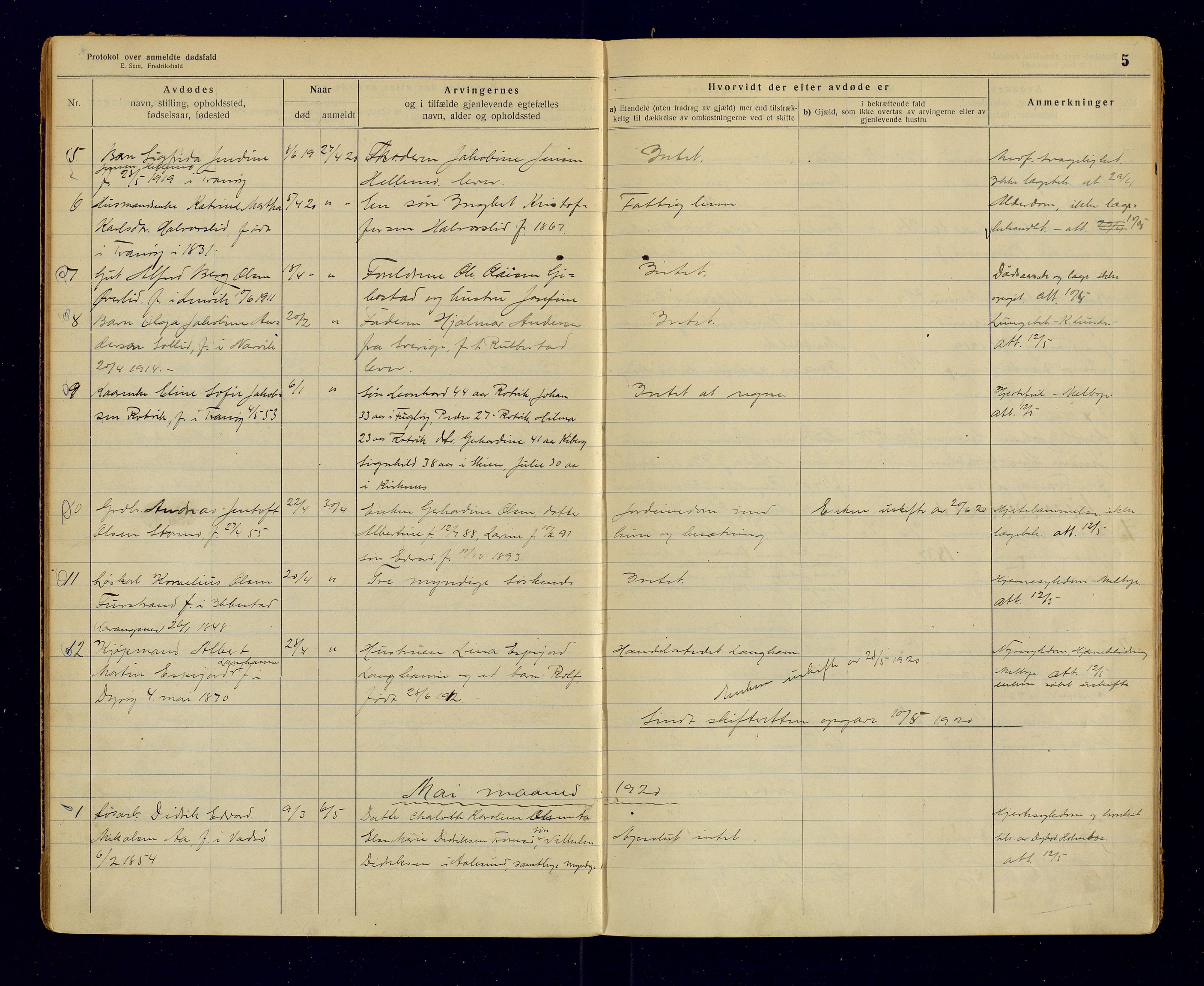 Tranøy lensmannskontor (Sørreisa lensmannskontor), SATØ/SATØ-46/1/F/Fi/Fia/L0148: Dødsfallsprotokoller, 1920-1923, s. 5