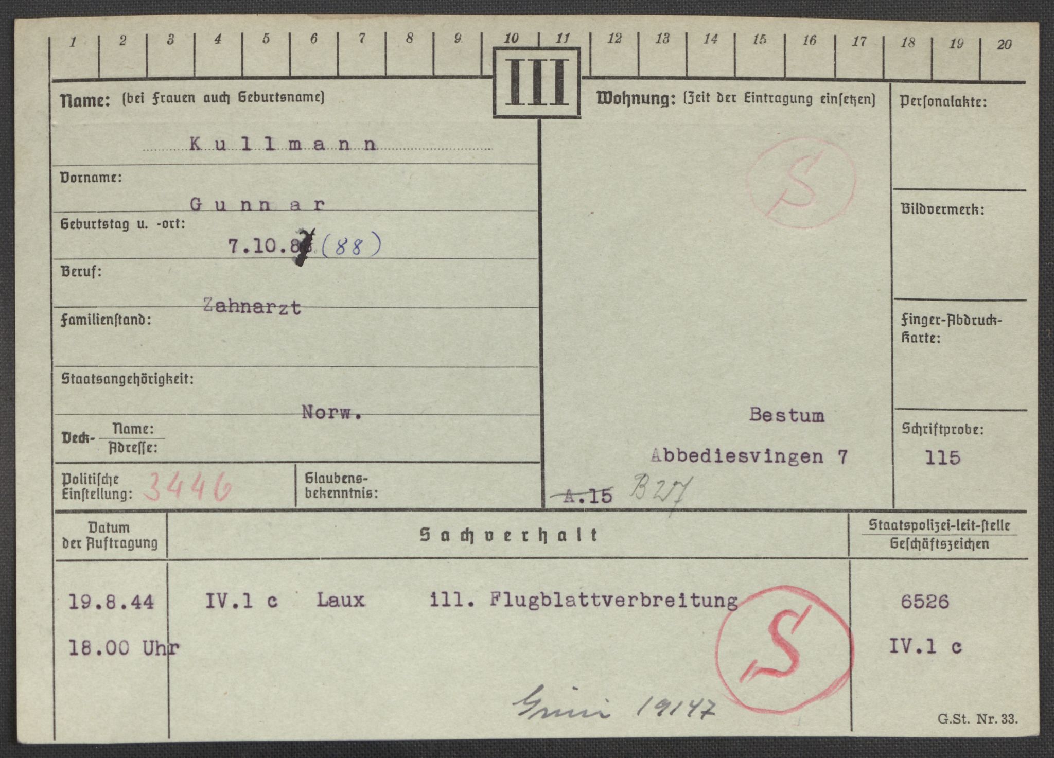 Befehlshaber der Sicherheitspolizei und des SD, RA/RAFA-5969/E/Ea/Eaa/L0006: Register over norske fanger i Møllergata 19: Kj-Lund, 1940-1945, s. 526