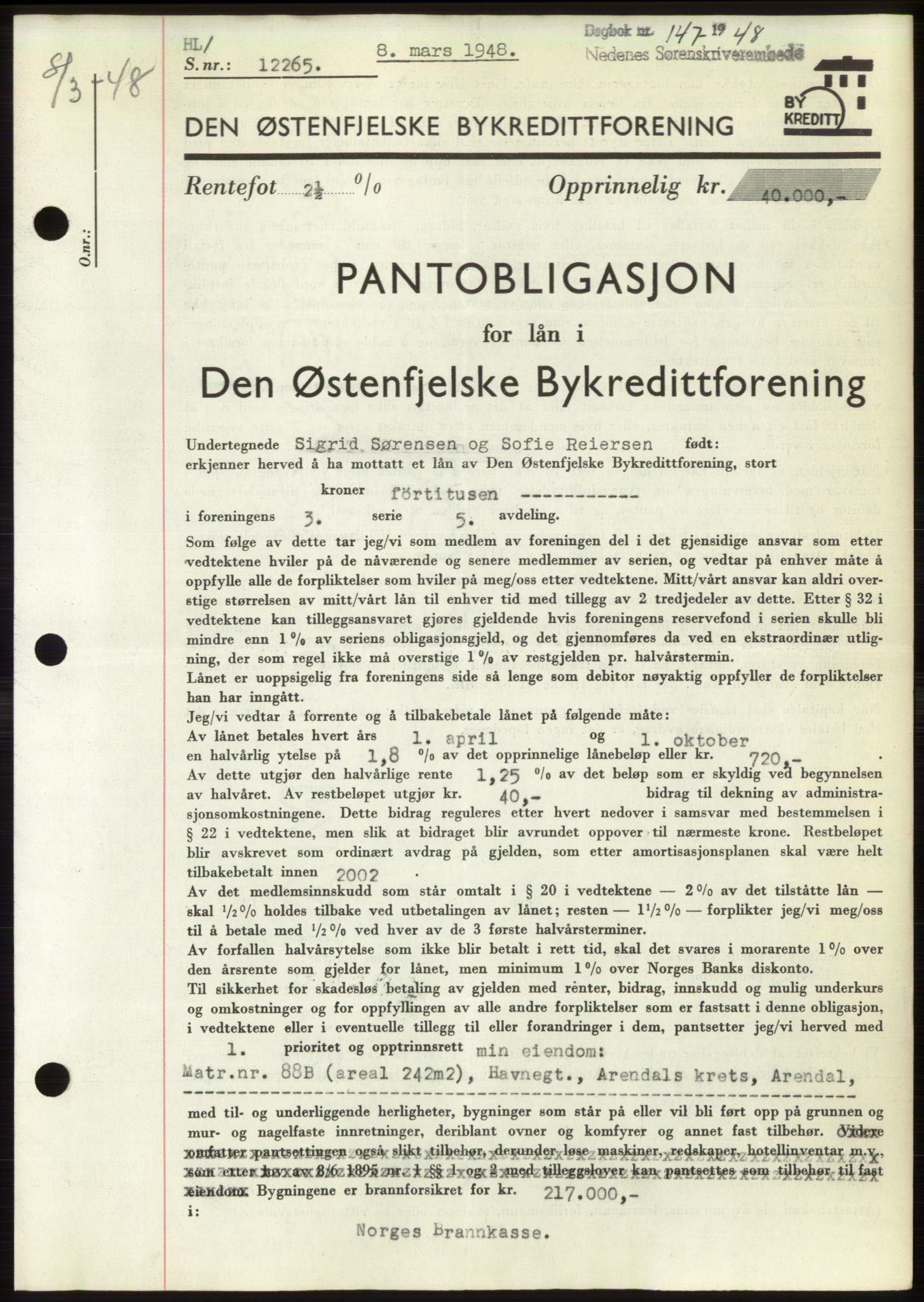 Arendal byfogd, SAK/1222-0001/G/Gb/Gbb/L0004: Pantebok nr. B3, 1947-1948, Dagboknr: 147/1948