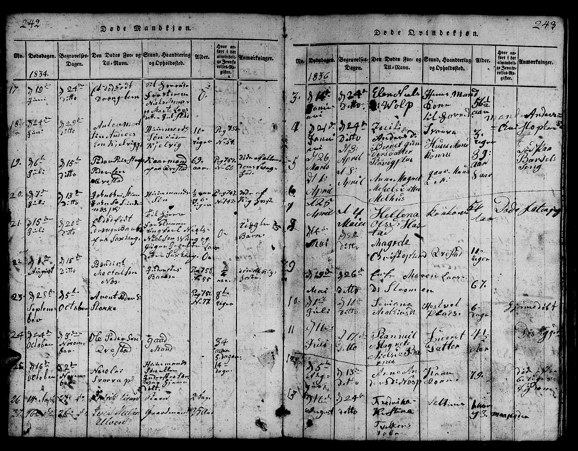 Ministerialprotokoller, klokkerbøker og fødselsregistre - Nord-Trøndelag, SAT/A-1458/730/L0298: Klokkerbok nr. 730C01, 1816-1849, s. 242-243