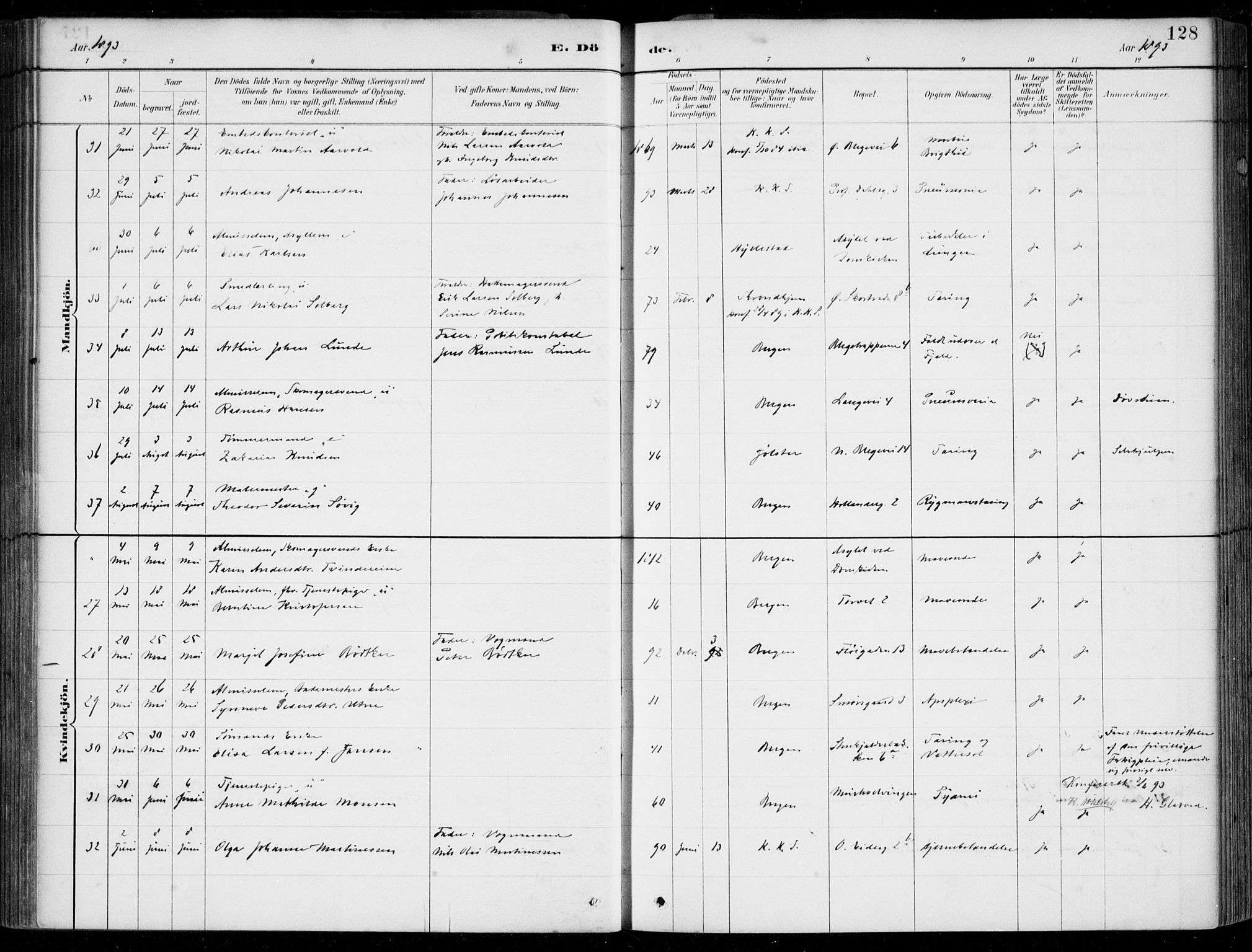 Korskirken sokneprestembete, AV/SAB-A-76101/H/Hab: Klokkerbok nr. E 4, 1884-1910, s. 128