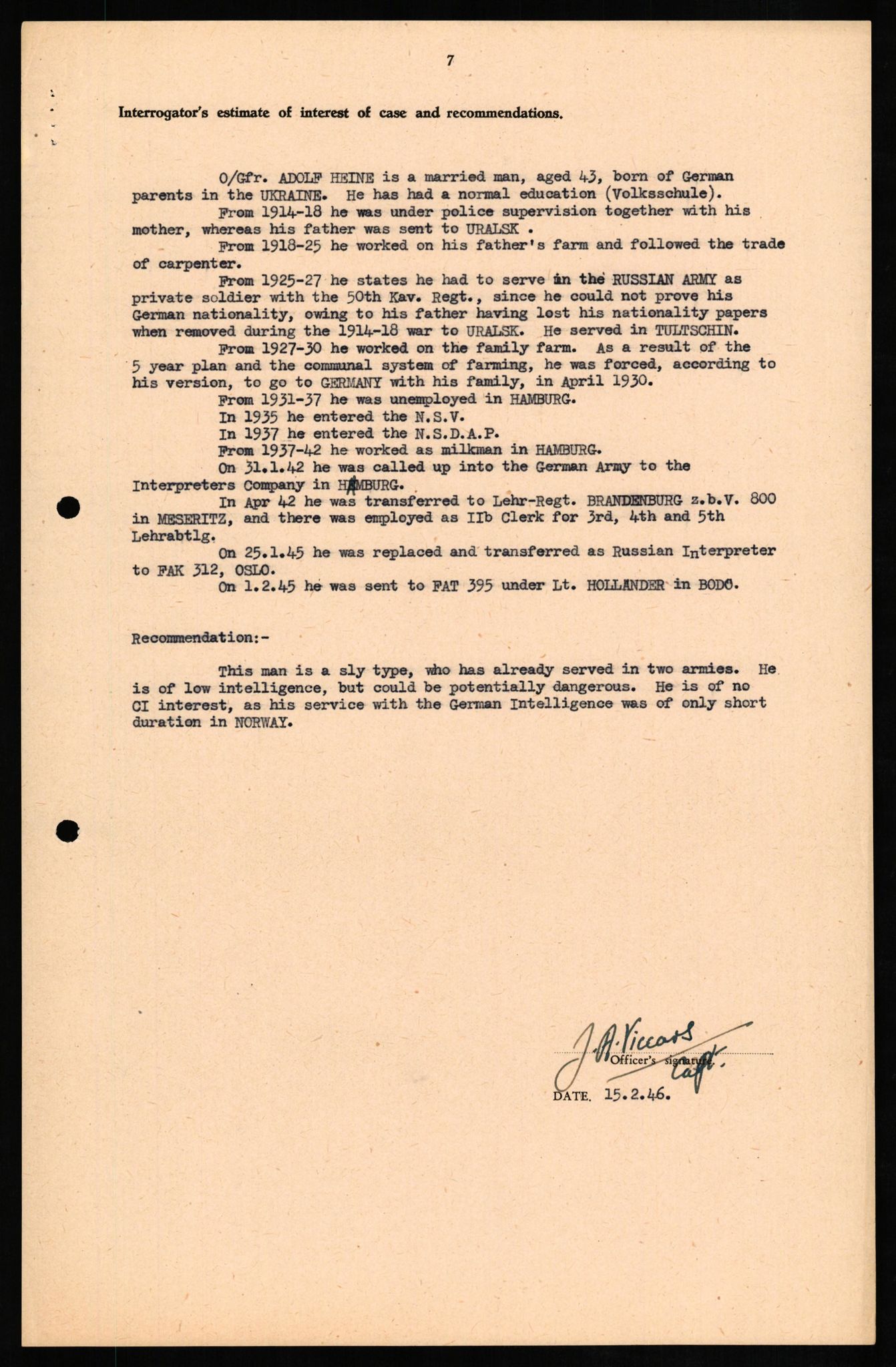 Forsvaret, Forsvarets overkommando II, AV/RA-RAFA-3915/D/Db/L0012: CI Questionaires. Tyske okkupasjonsstyrker i Norge. Tyskere., 1945-1946, s. 256