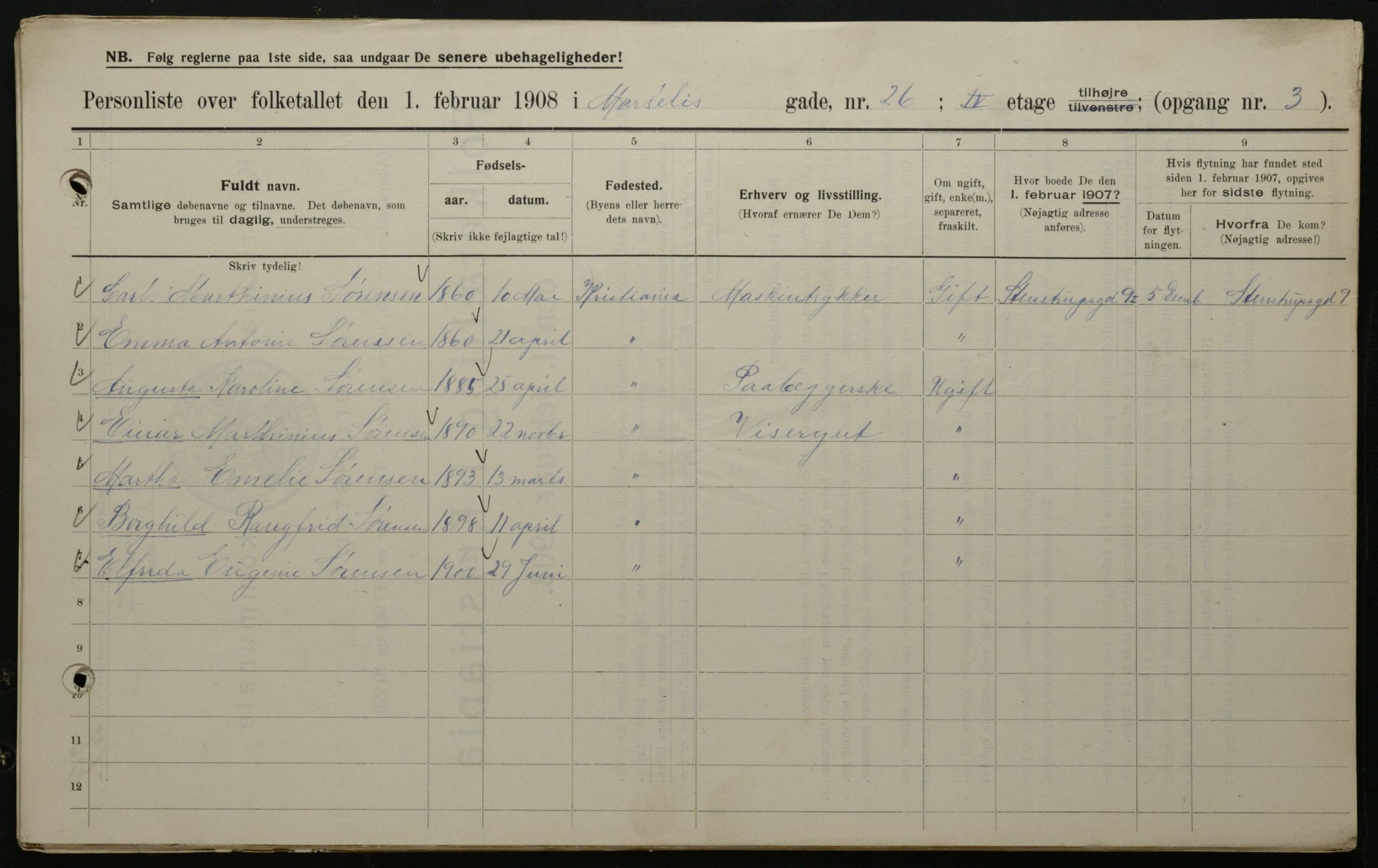 OBA, Kommunal folketelling 1.2.1908 for Kristiania kjøpstad, 1908, s. 57796