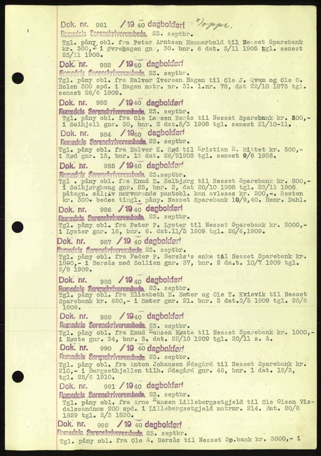 Romsdal sorenskriveri, AV/SAT-A-4149/1/2/2C: Pantebok nr. C1a, 1936-1945, Dagboknr: 981/1940