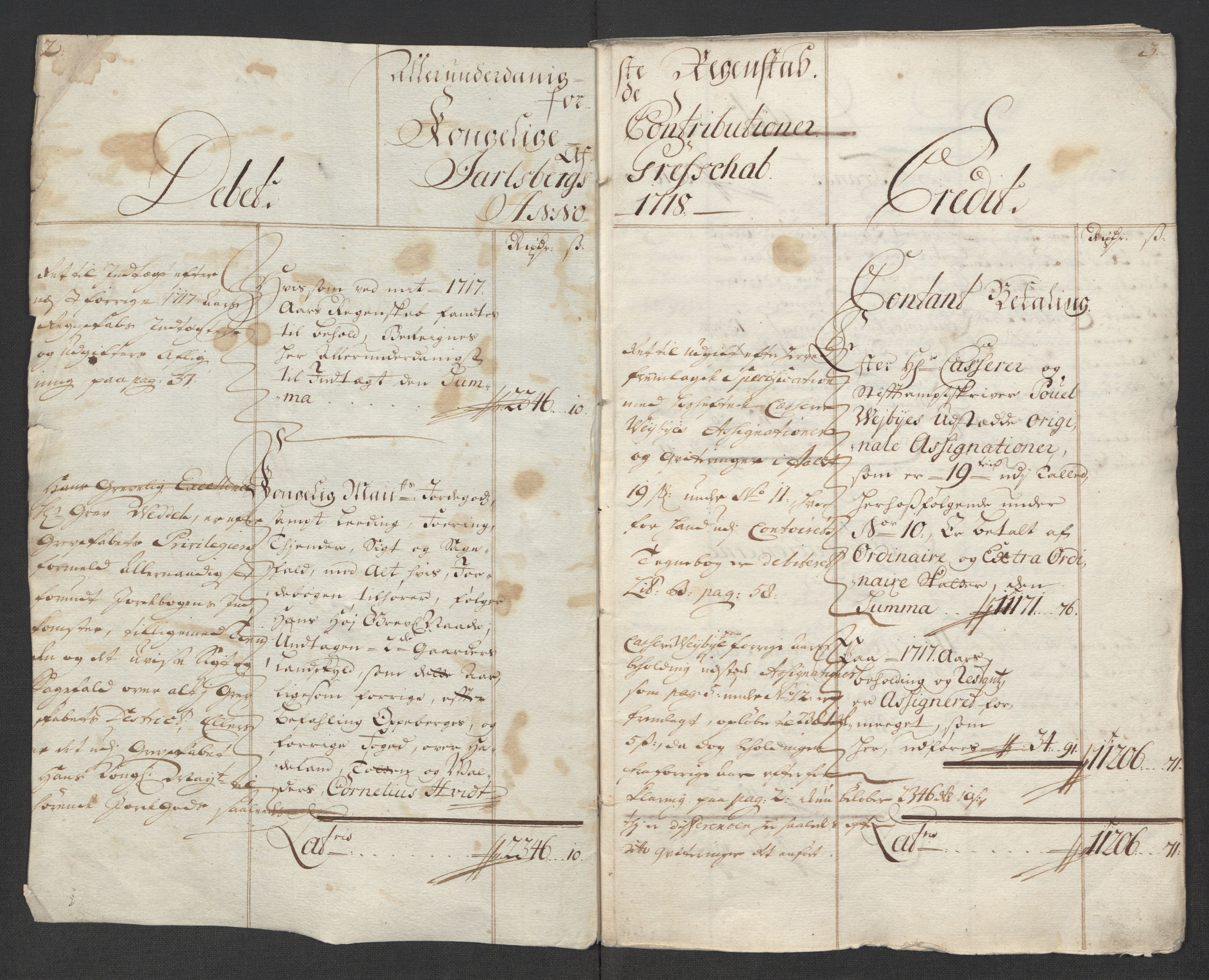 Rentekammeret inntil 1814, Reviderte regnskaper, Fogderegnskap, RA/EA-4092/R32/L1882: Fogderegnskap Jarlsberg grevskap, 1718, s. 4