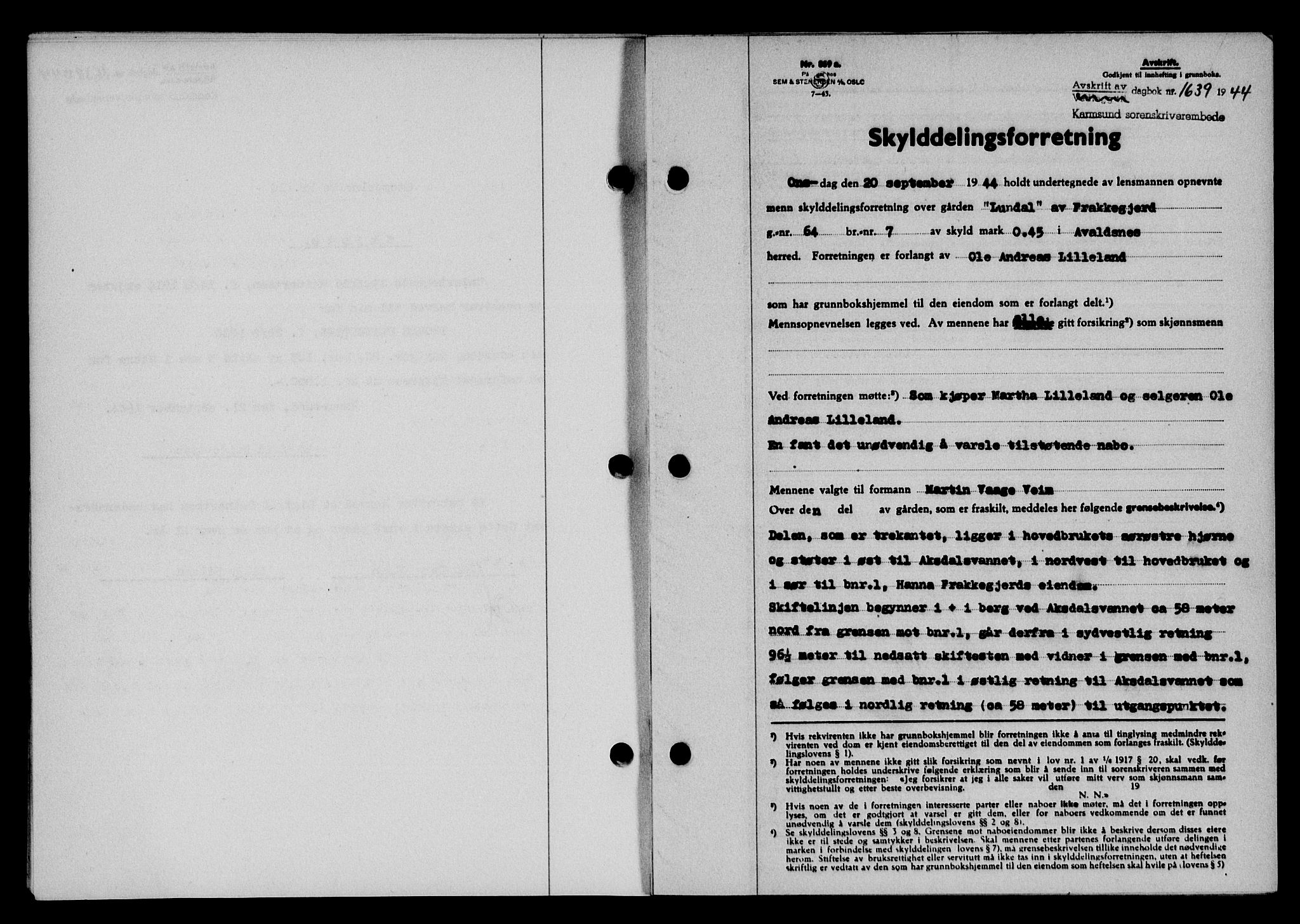 Karmsund sorenskriveri, SAST/A-100311/01/II/IIB/L0082: Pantebok nr. 63A, 1944-1944, Dagboknr: 1639/1944