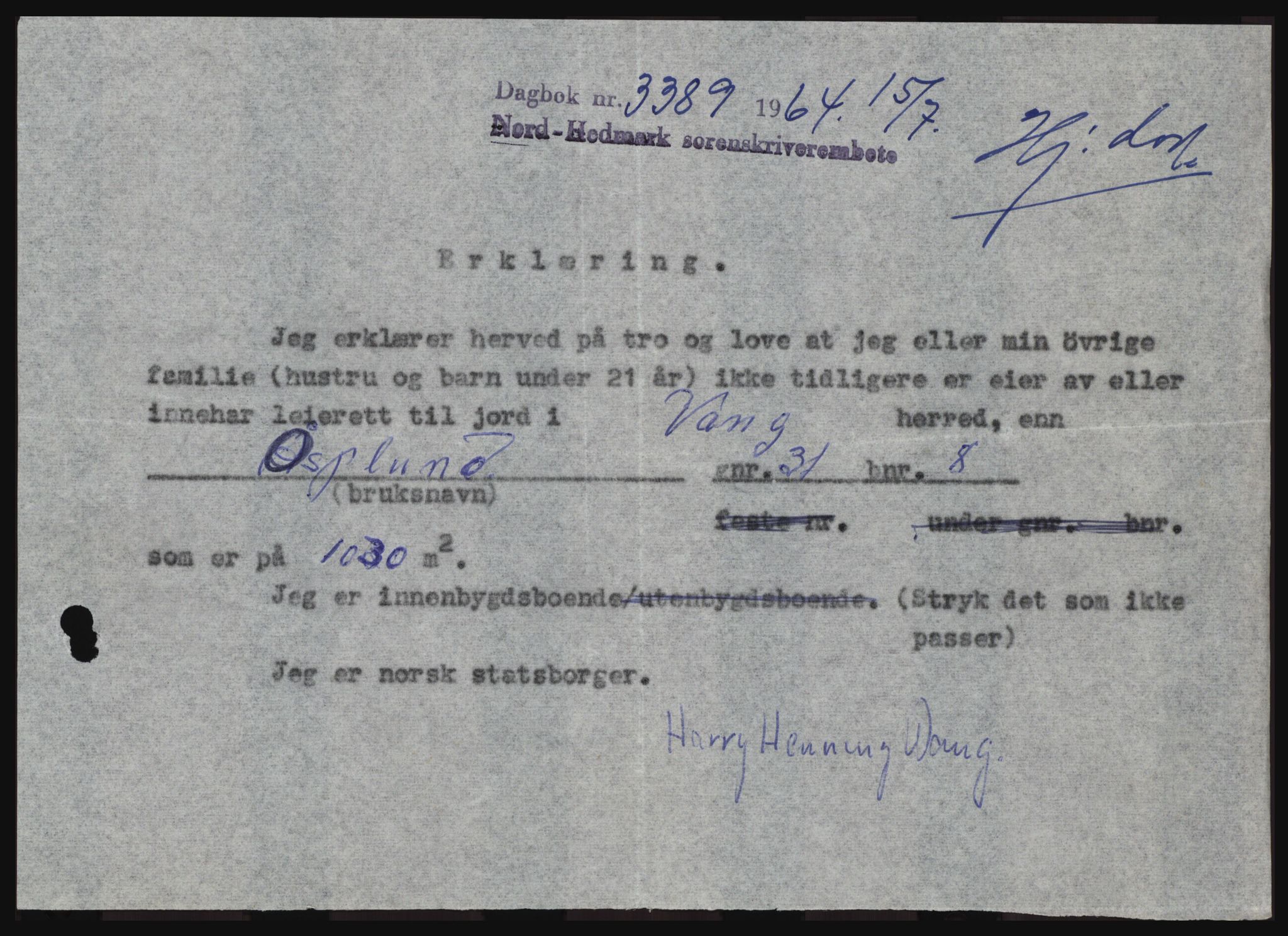 Nord-Hedmark sorenskriveri, SAH/TING-012/H/Hc/L0020: Pantebok nr. 20, 1964-1964, Dagboknr: 3389/1964