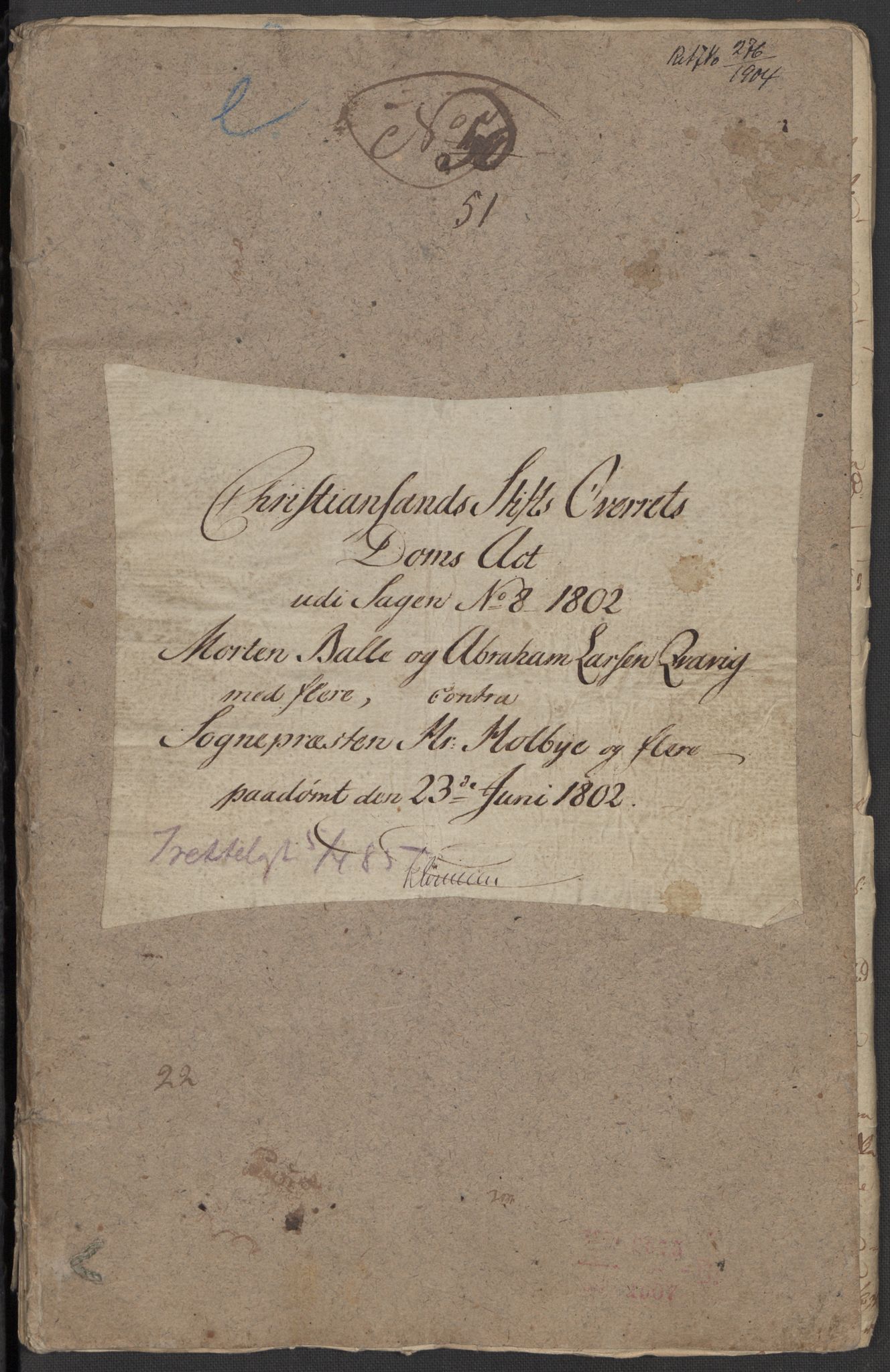 Riksarkivets diplomsamling, AV/RA-EA-5965/F15/L0034: Prestearkiv - Vest-Agder, 1801-1803, s. 89