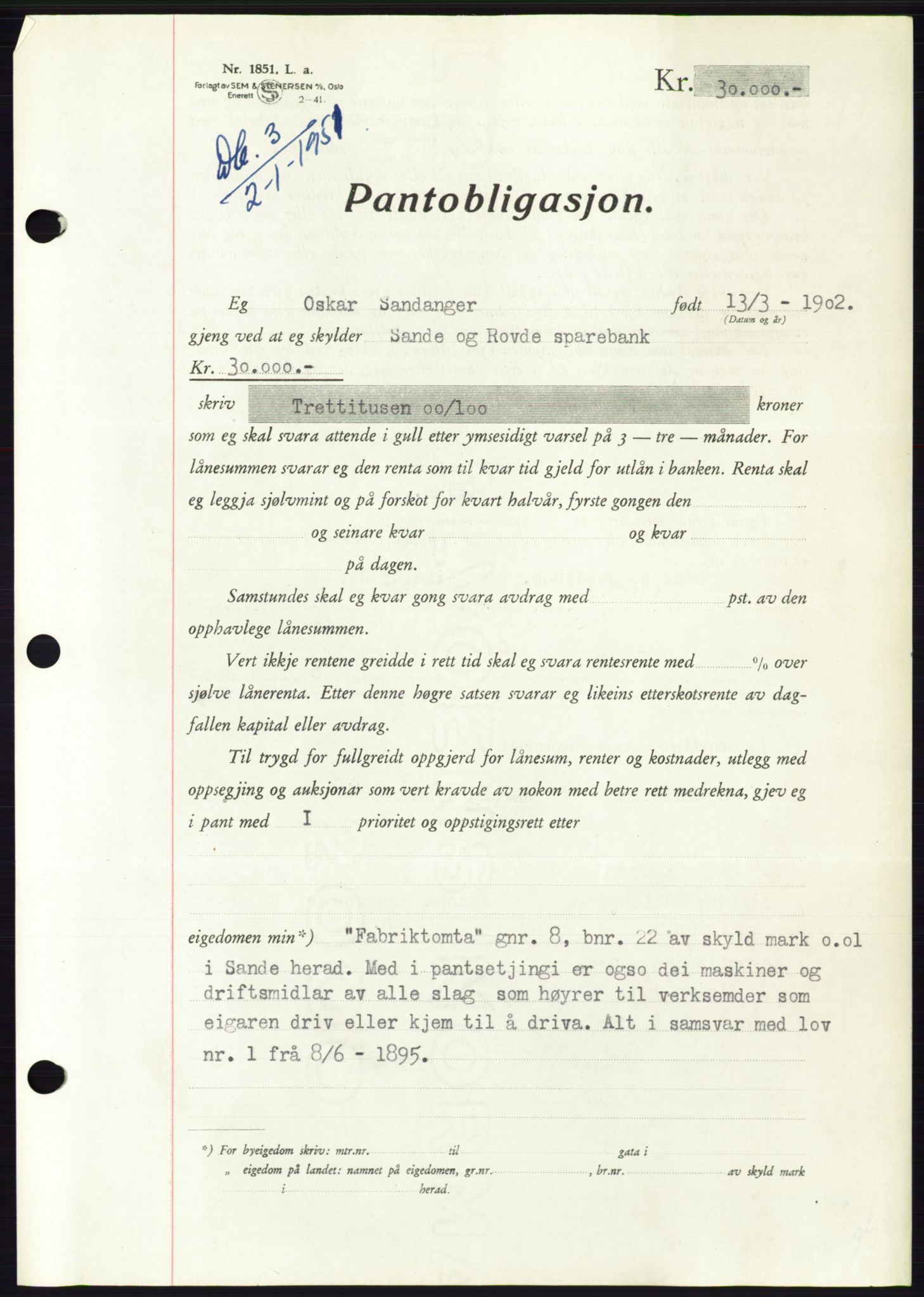 Søre Sunnmøre sorenskriveri, SAT/A-4122/1/2/2C/L0119: Pantebok nr. 7B, 1950-1951, Dagboknr: 3/1951