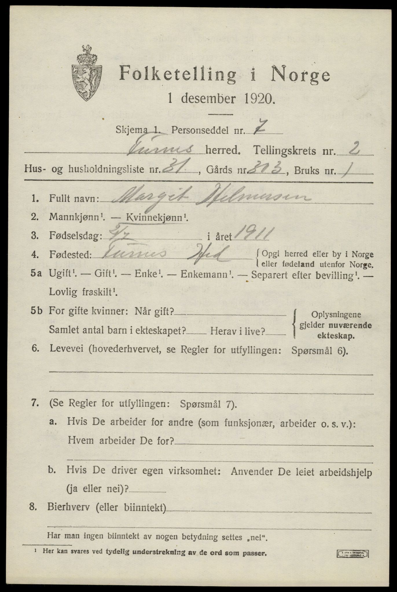 SAH, Folketelling 1920 for 0413 Furnes herred, 1920, s. 3429