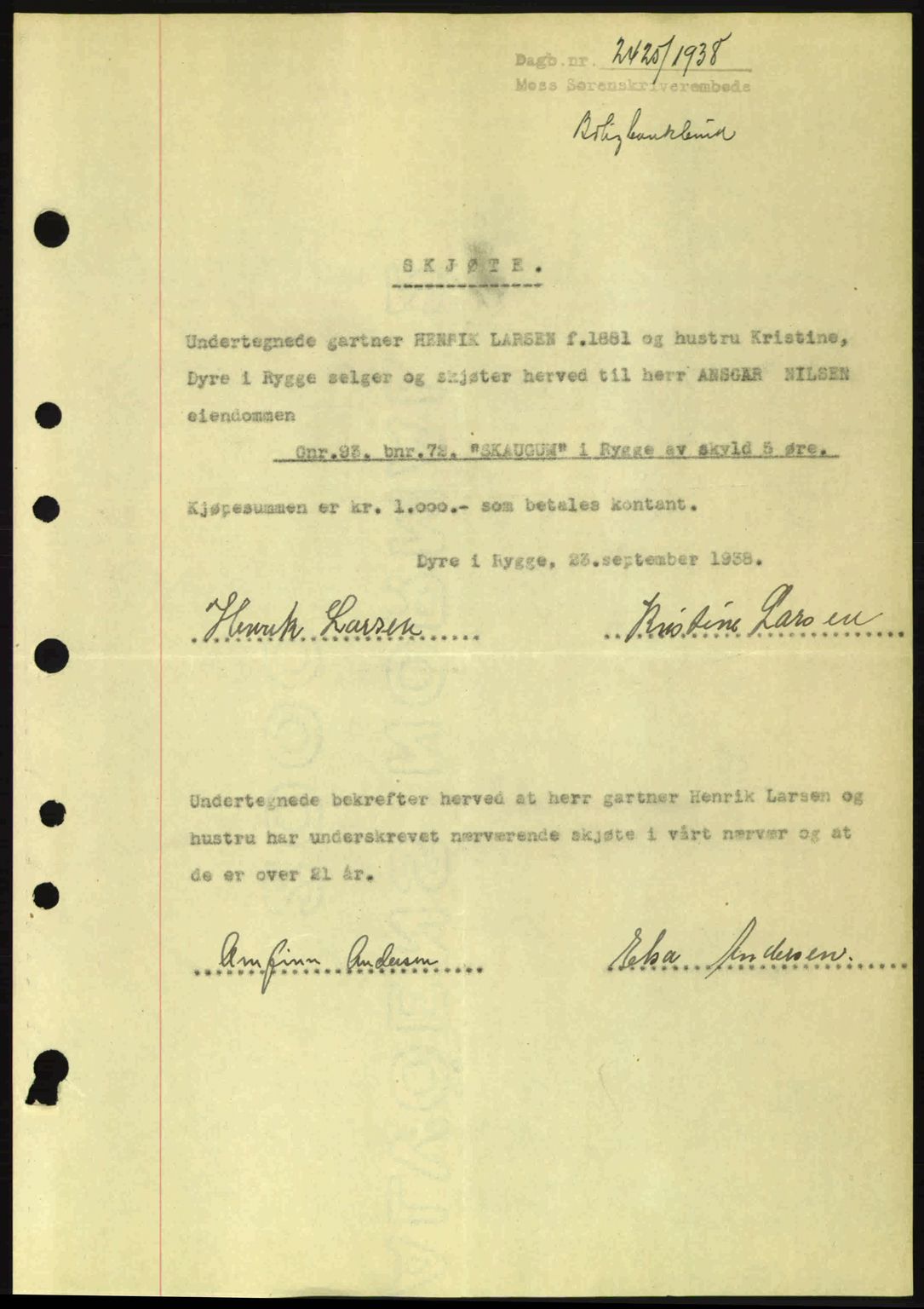 Moss sorenskriveri, SAO/A-10168: Pantebok nr. A5, 1938-1939, Dagboknr: 2425/1938