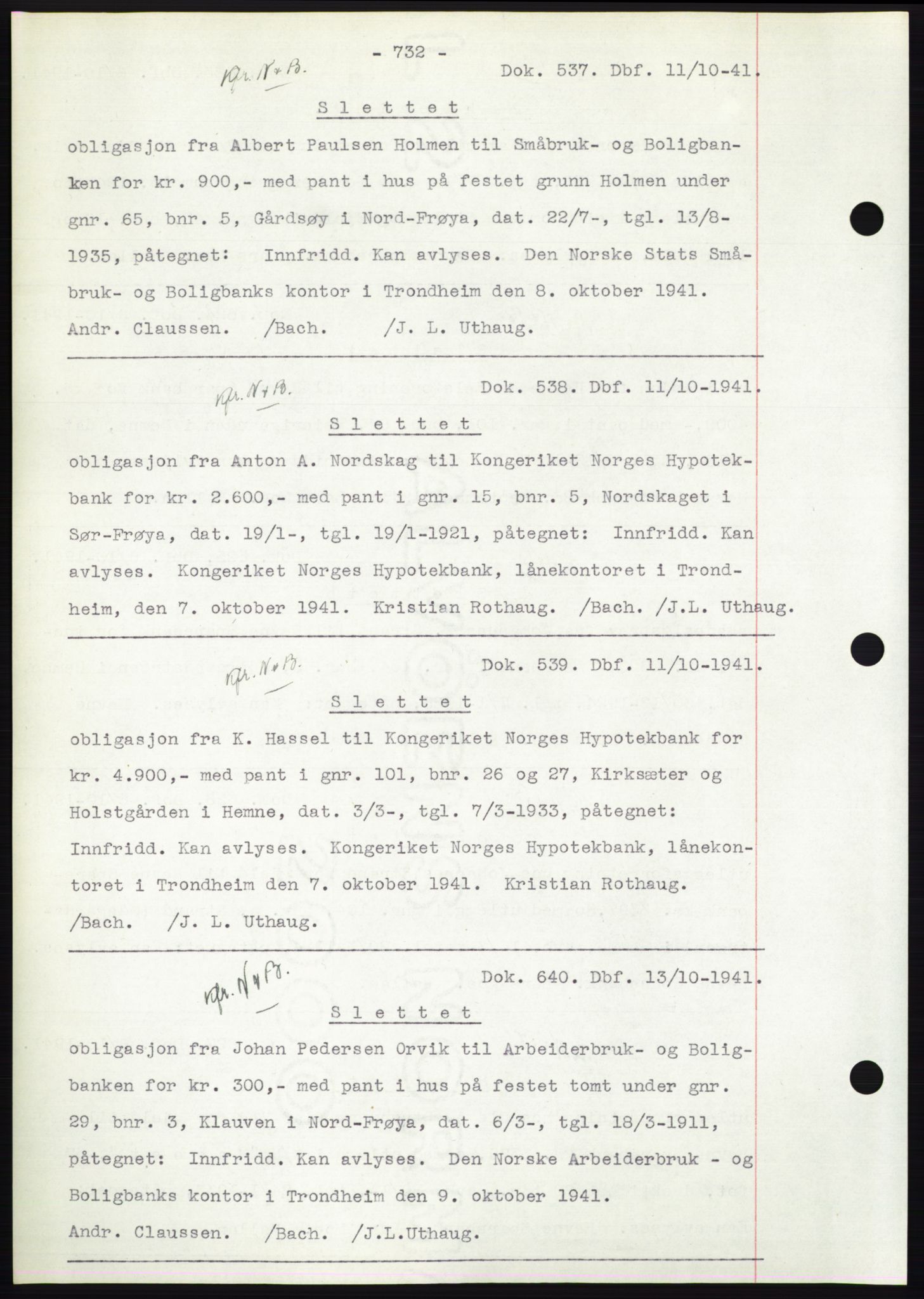 Hitra sorenskriveri, AV/SAT-A-0018/2/2C/2Ca: Pantebok nr. C1, 1936-1945, Dagboknr: 537/1941