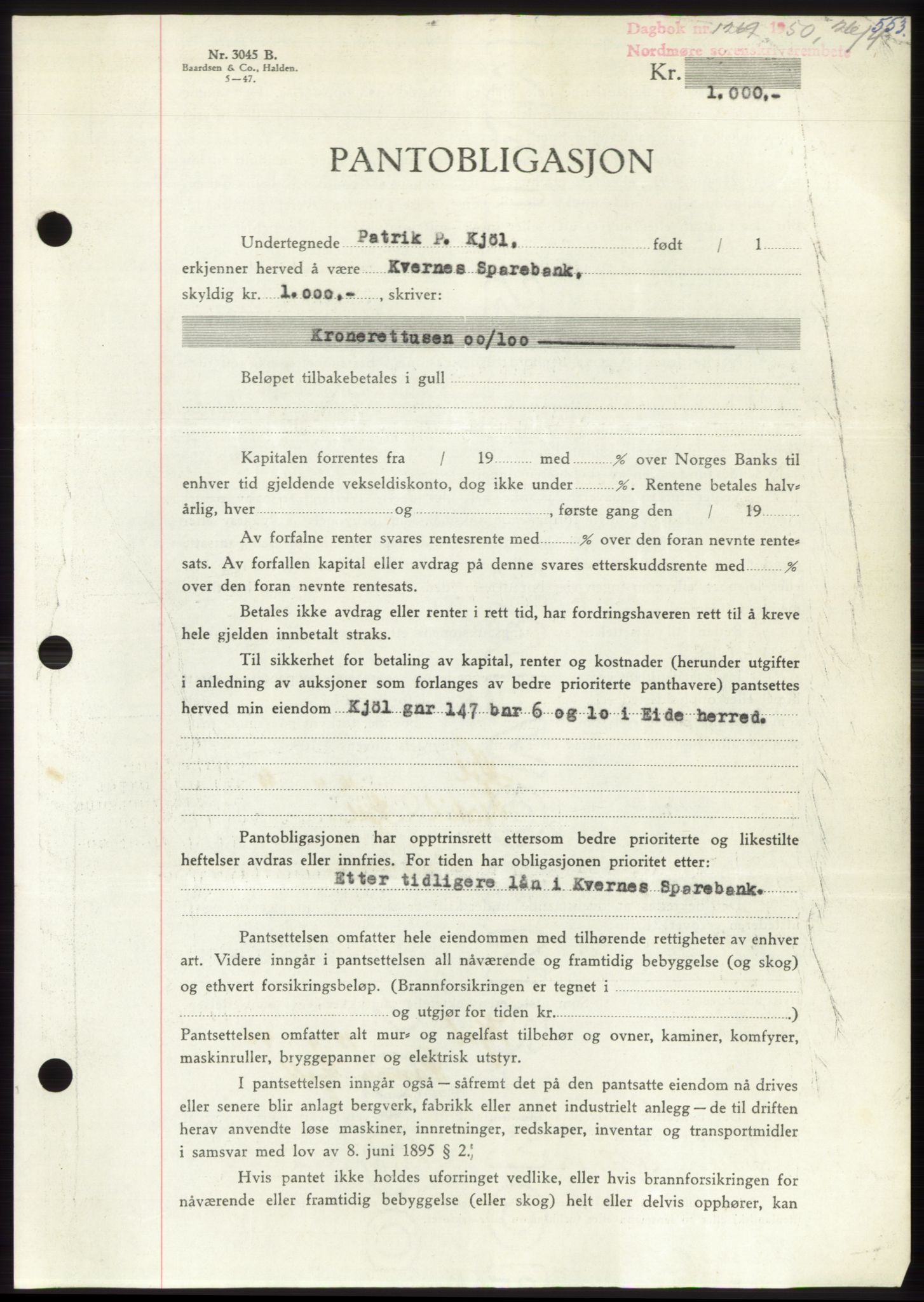 Nordmøre sorenskriveri, AV/SAT-A-4132/1/2/2Ca: Pantebok nr. B104, 1950-1950, Dagboknr: 1269/1950