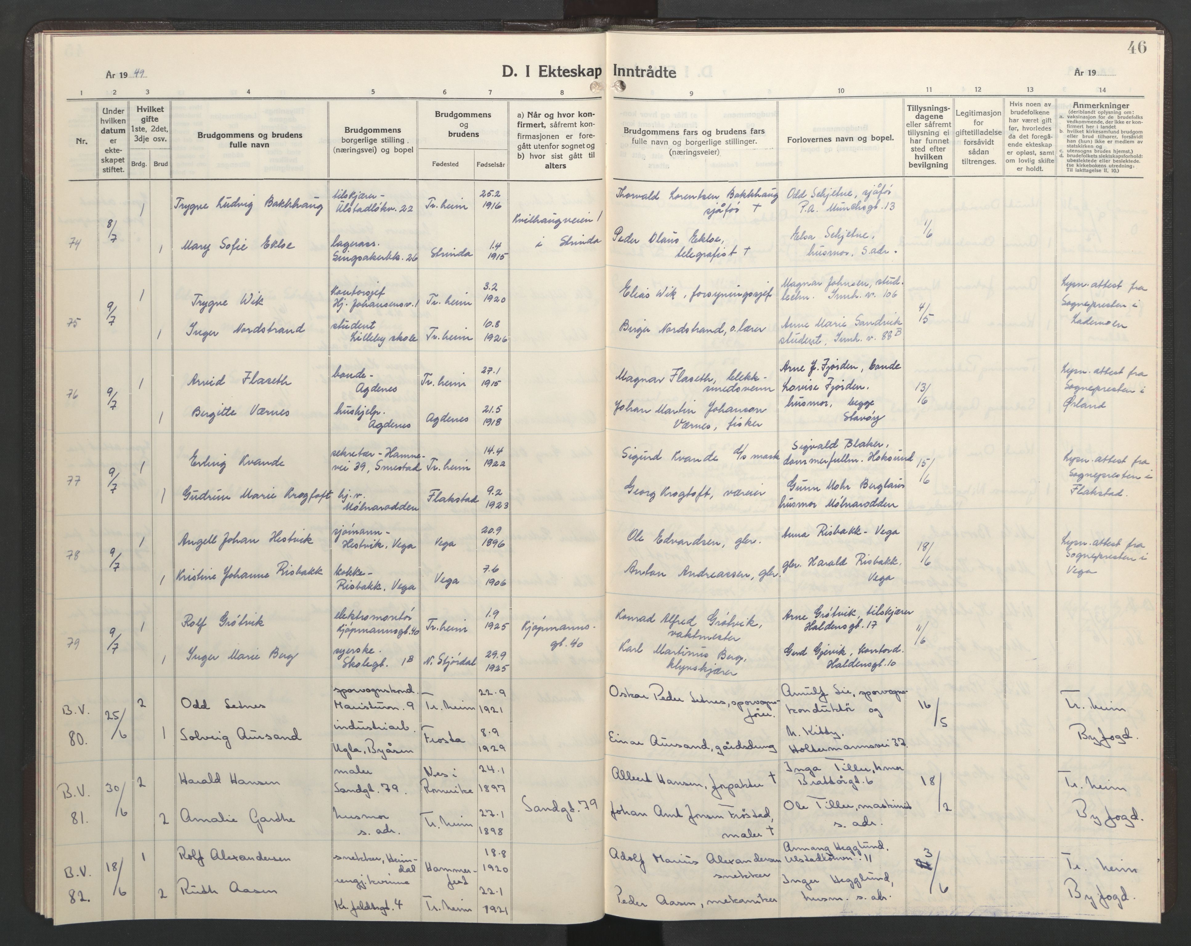 Ministerialprotokoller, klokkerbøker og fødselsregistre - Sør-Trøndelag, AV/SAT-A-1456/602/L0155: Klokkerbok nr. 602C23, 1947-1950, s. 46