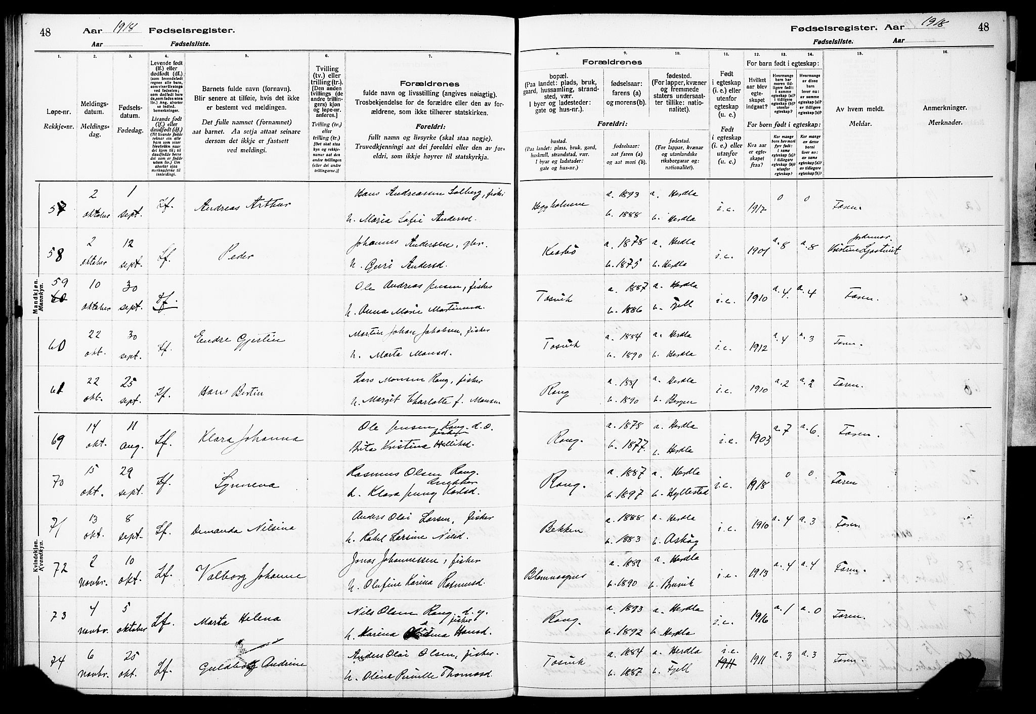 Herdla Sokneprestembete, AV/SAB-A-75701/I/Id/L00A1: Fødselsregister nr. A 1, 1916-1929, s. 48