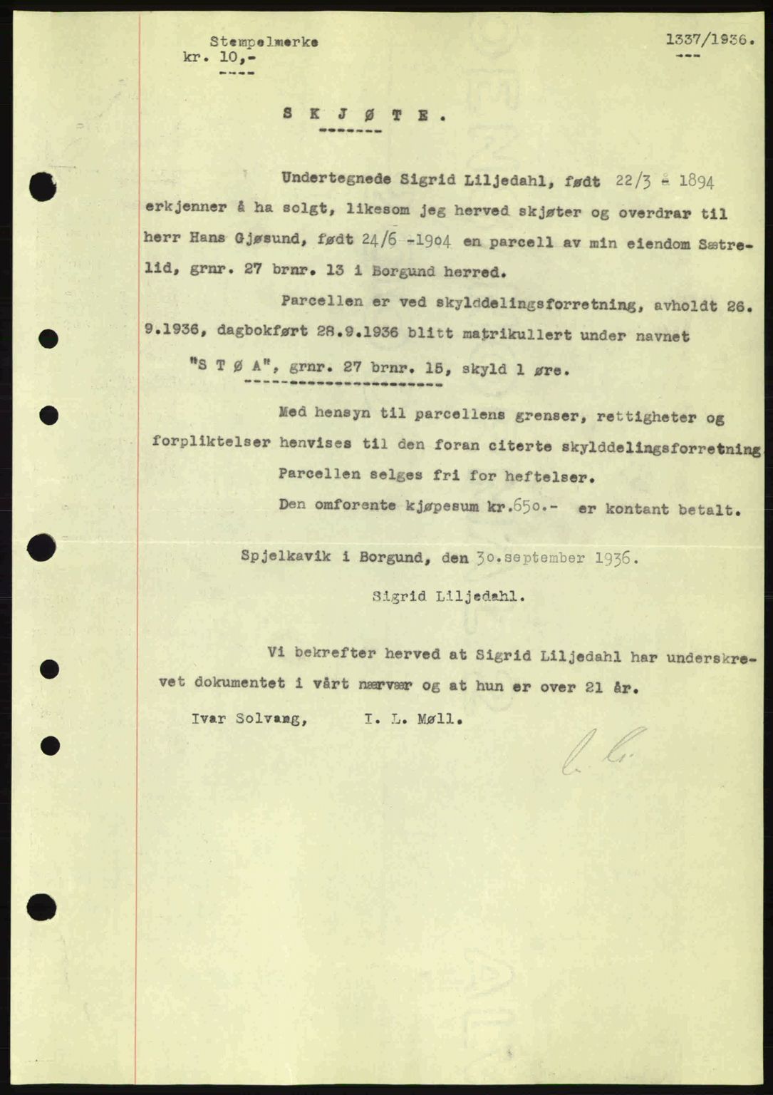 Nordre Sunnmøre sorenskriveri, SAT/A-0006/1/2/2C/2Ca: Pantebok nr. A2, 1936-1937, Dagboknr: 1337/1936