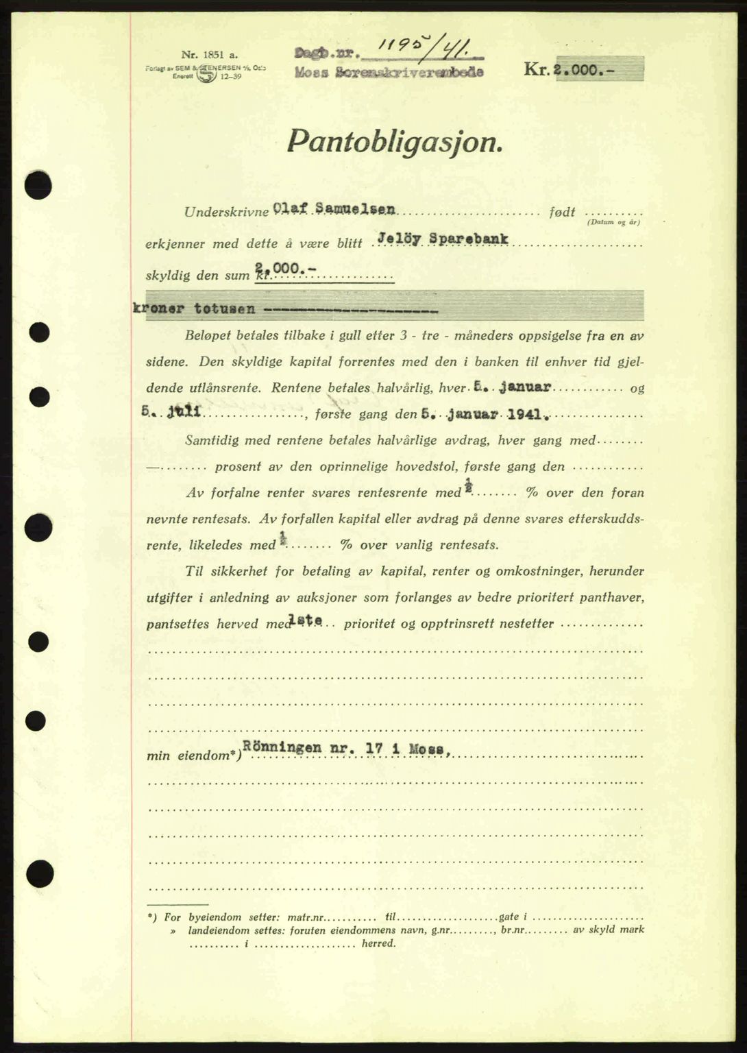 Moss sorenskriveri, SAO/A-10168: Pantebok nr. B10, 1940-1941, Dagboknr: 1195/1941