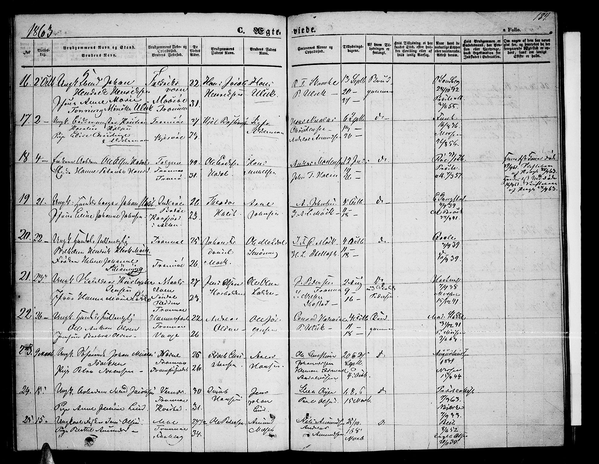 Tromsø sokneprestkontor/stiftsprosti/domprosti, AV/SATØ-S-1343/G/Gb/L0006klokker: Klokkerbok nr. 6, 1857-1866, s. 184