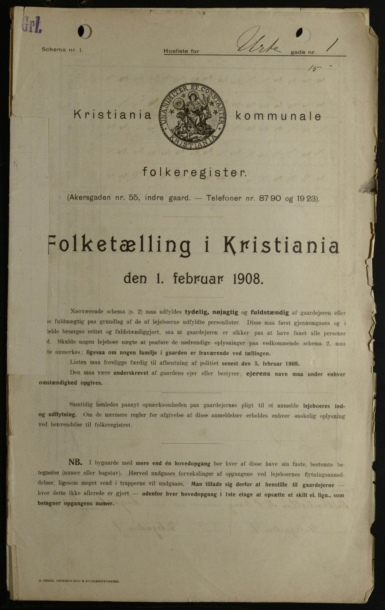 OBA, Kommunal folketelling 1.2.1908 for Kristiania kjøpstad, 1908, s. 108216